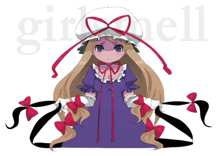 ichihaya, yakumo yukari, yakumo yukari (young), touhou, light brown hair, 1girl, aged down, blue eyes, blush, bow, breasts, choker, cleavage, dress, elbow gloves, expressionless, female focus, frilled gloves, frilled sleeves, frills, gap (touhou), gloves, hair bow, hat, hat ribbon, holding, long hair, looking at viewer, mob cap, multiple hair bows, puffy short sleeves, puffy sleeves, purple dress, red bow, red ribbon, ribbon, ribbon choker, short sleeves, solo, white background, white gloves