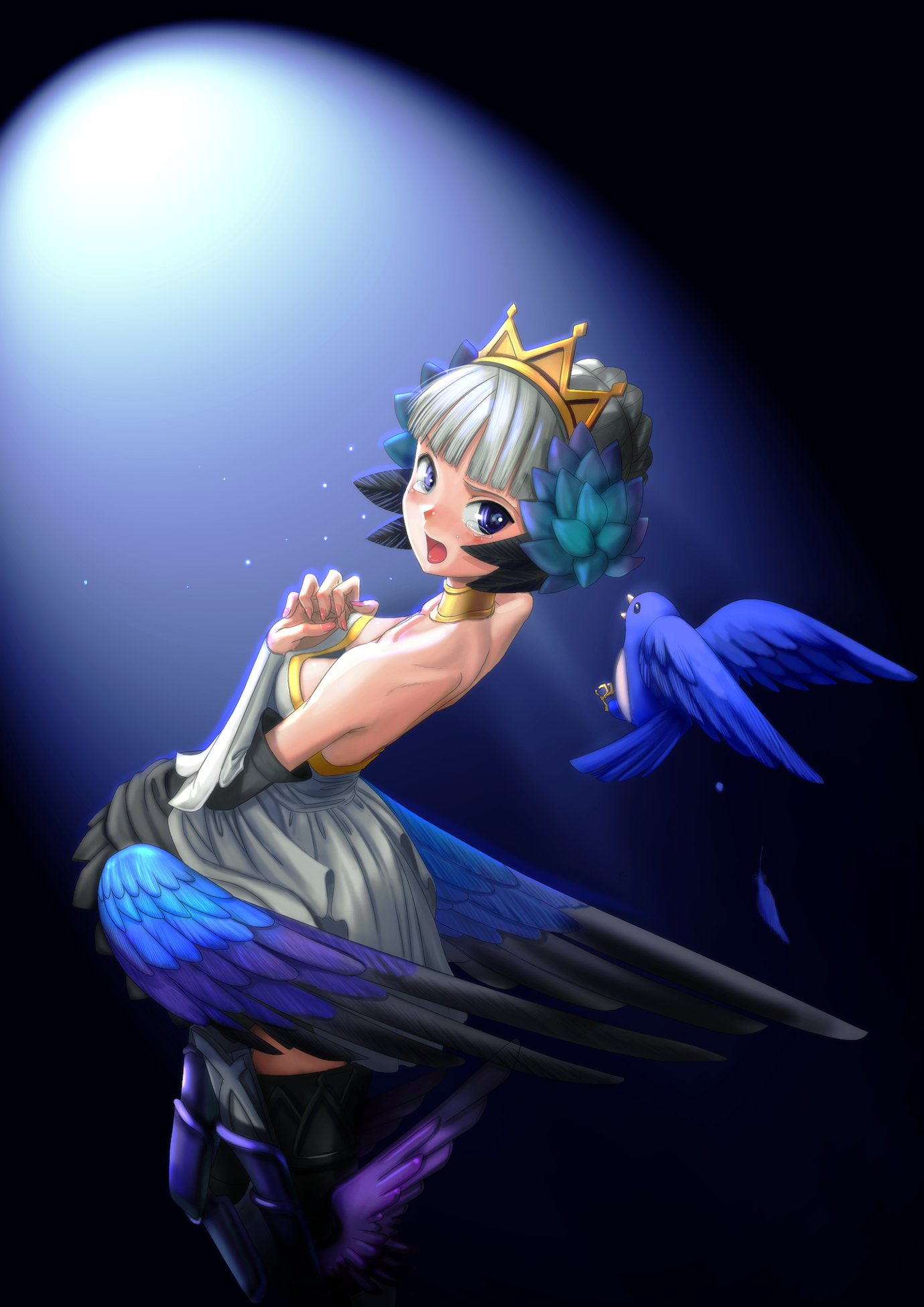 youkai ankake, gwendolyn (odin sphere), odin sphere, highres, 1girl, armor, armored dress, bird, black background, blue background, blue eyes, boots, braid, choker, crown, dress, elbow gloves, female focus, gloves, gradient background, hair bun, hat, leg wings, low wings, open mouth, pteruges, single hair bun, solo, strapless, strapless dress, tears, thigh boots, thighhighs, white hair, wings