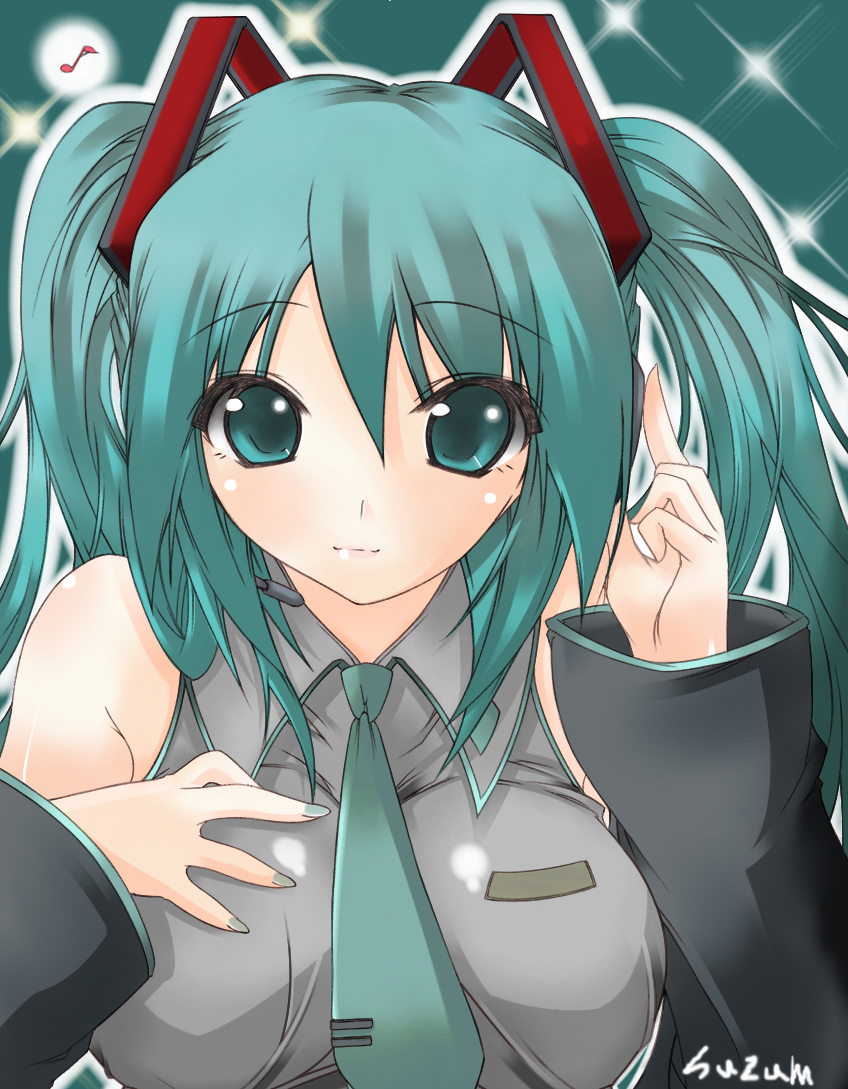 suzumiya botan, hatsune miku, suzumiya, vocaloid, bad id, bad pixiv id, green eyes, green hair, necktie, solo
