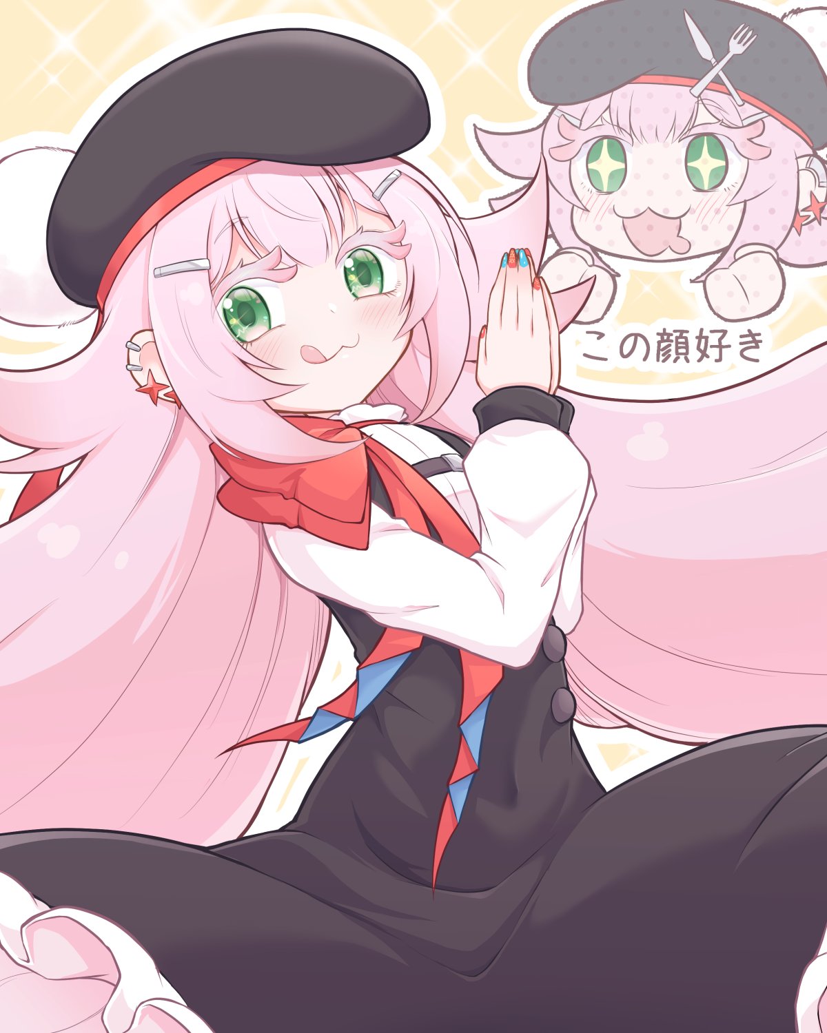 saisyuusensi, highres, translation request, + +, 1girl, :3, akujiki-san, akujiki-san no gohan, aqua nails, beret, big hair, big head, black dress, black hat, blush, colored eyelashes, dress, drooling, earrings, fork, green eyes, hair ornament, hairclip, hat, jewelry, knife, long hair, looking at viewer, mouth drool, nail polish, palms together, pink hair, pom pom hat ornament, praying, red nails, red scarf, red trim, scarf, shirt, sparkle, tongue, tongue out, very long hair, white shirt, yellow background