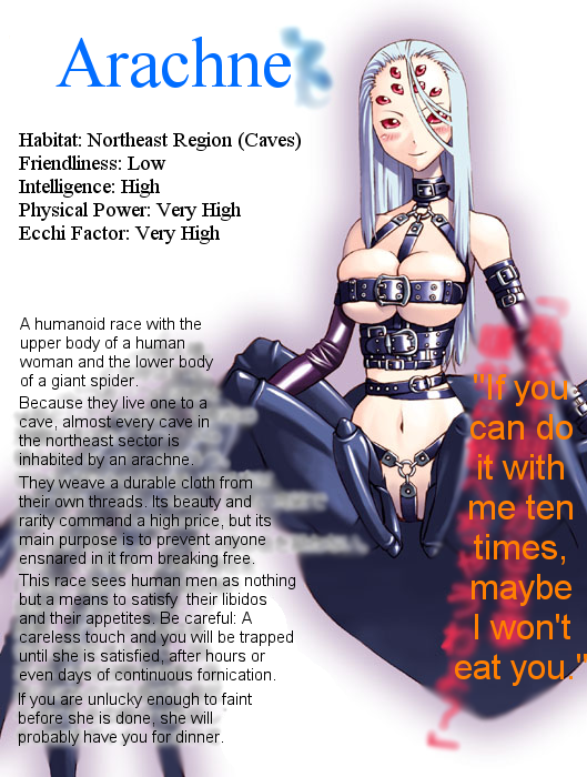 okayado, hard-translated, third-party edit, translated, 1girl, arachne, arthropod girl, arthropod limbs, breasts, bug, character profile, female focus, insect girl, large breasts, leather, monster girl, red eyes, solo, spider, spider girl, taur