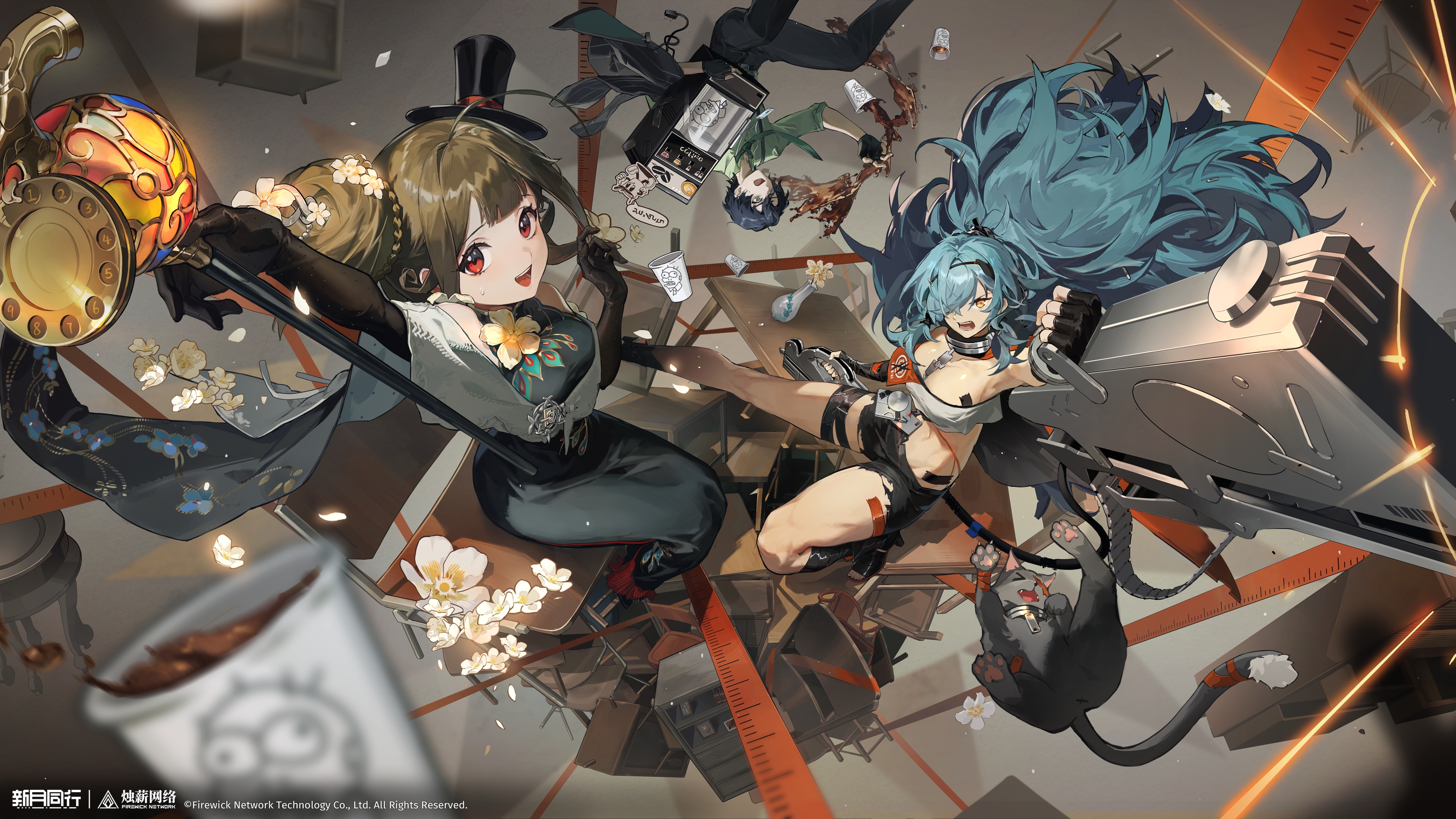 cihui (xinyue tongxing), xinyue tongxing, absurdres, highres, official art, official wallpaper, 1boy, 2girls, :d, arm up, bare shoulders, black boots, black cat, black dress, black gloves, black hair, black hat, black pants, black shorts, boots, breasts, brown hair, cane, cat, chair, coffee, coffee maker, copyright name, copyright notice, cup, disposable cup, dress, elbow gloves, fingerless gloves, floating hair, flower, from above, gloves, green hair, green necktie, green shirt, grey background, hair bun, hair over one eye, hat, holding, holding cane, jiaquan (xinyue tongxing), large breasts, liqing (xinyue tongxing), logo, long dress, long hair, mini hat, mini top hat, multiple girls, necktie, one eye covered, open mouth, pants, red eyes, salaryman, shirt, short hair, short shorts, shorts, single side bun, sitting, smile, spilling, strapless, sweat, table, tilted headwear, top hat, tube top, upside-down, vase, very long hair, white flower, white tube top, yellow eyes