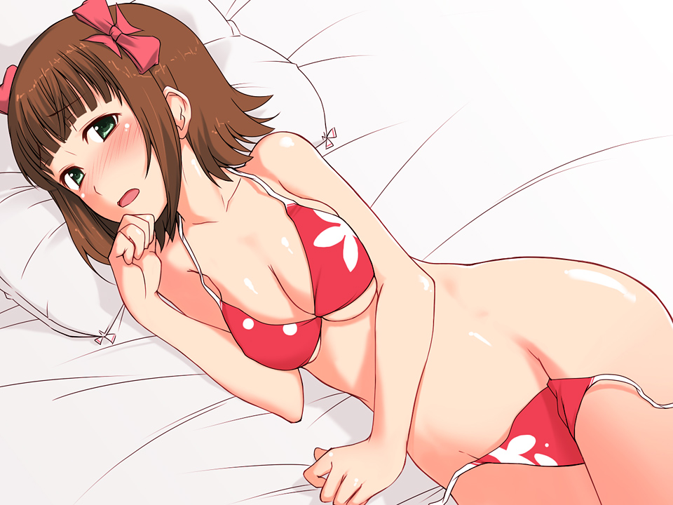 kazuto san, amami haruka, idolmaster, idolmaster (classic), idolmaster 1, bad id, bad pixiv id, 00s, 1girl, bed, bikini, blush, female focus, red bikini, ribbon, solo, string bikini, swimsuit, untied bikini