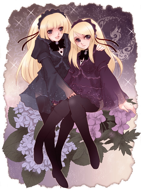 mk (mod0), hortense (sound horizon), violette (sound horizon), roman (sound horizon), sound horizon, black legwear, 2girls, blonde hair, gothic lolita, legs, lolita fashion, long hair, multiple girls, thighhighs