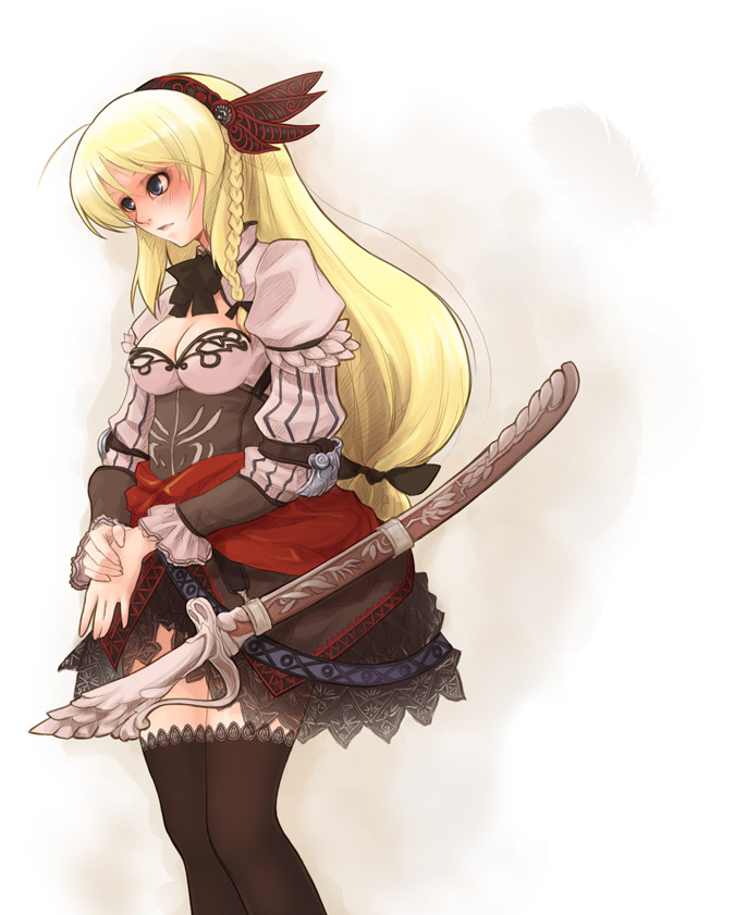 mk (mod0), original, 1girl, blonde hair, blue eyes, breasts, cleavage, female focus, large breasts, solo, sword, thighhighs, weapon, zettai ryouiki