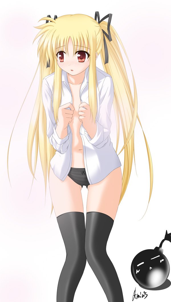 amicis, fate testarossa, lyrical nanoha, mahou shoujo lyrical nanoha, 00s, blonde hair, long hair, open clothes, open shirt, panties, red eyes, shirt, solo, thighhighs, twintails, underwear, very long hair