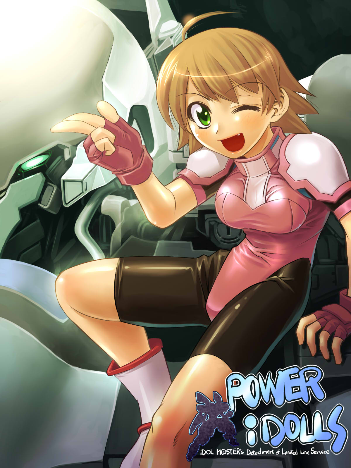 r-ex, awakened miki, hoshii miki, idolmaster, idolmaster (classic), idolmaster 1, highres, 00s, 1girl, ahoge, bike shorts, bodysuit, brown hair, fang, female focus, fingerless gloves, gloves, green eyes, leotard, mecha, one eye closed, robot, smile, solo, wink