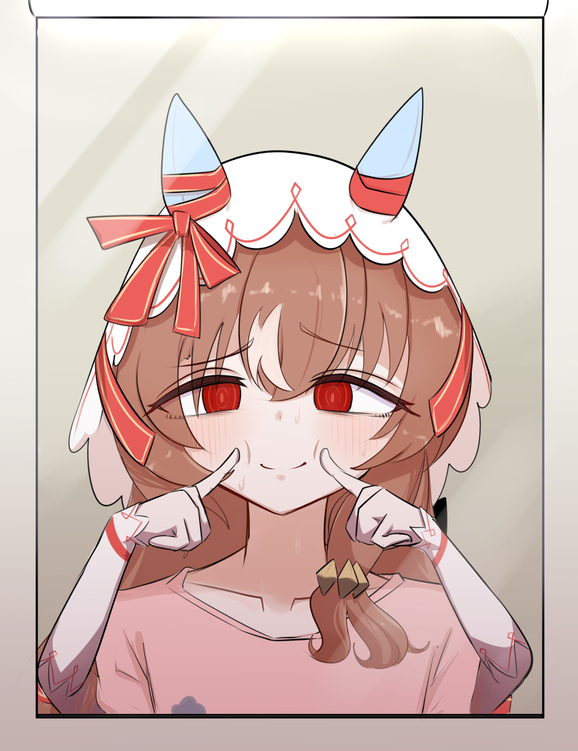fly dose, still in love (umamusume), umamusume, absurdres, commentary request, highres, 1girl, alternate costume, animal ears, blush, breasts, collarbone, forced smile, hair between eyes, hair ornament, horse ears, horse girl, long hair, looking at mirror, looking at viewer, mirror, portrait, red eyes, simple background, small breasts, smile, solo, sweatdrop, veil