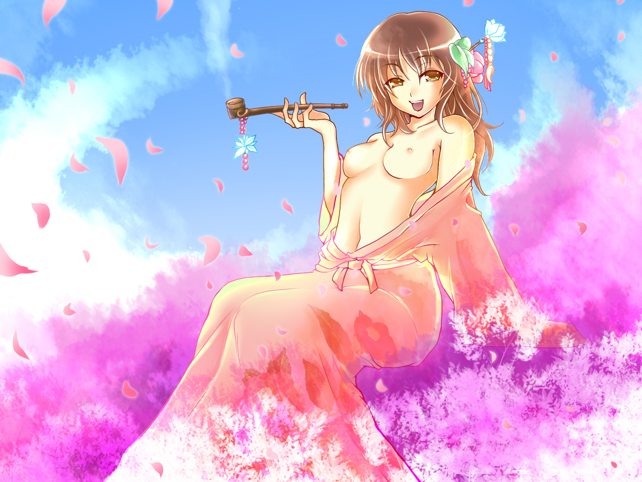 aquasnow, original, bad id, bad pixiv id, 1girl, breasts, cherry blossoms, female focus, hair ornament, holding, holding smoking pipe, japanese clothes, kimono, kiseru, medium breasts, nipples, off shoulder, open clothes, open mouth, open robe, petals, robe, sitting, small nipples, smile, smoking pipe, solo, topless female, yuujo