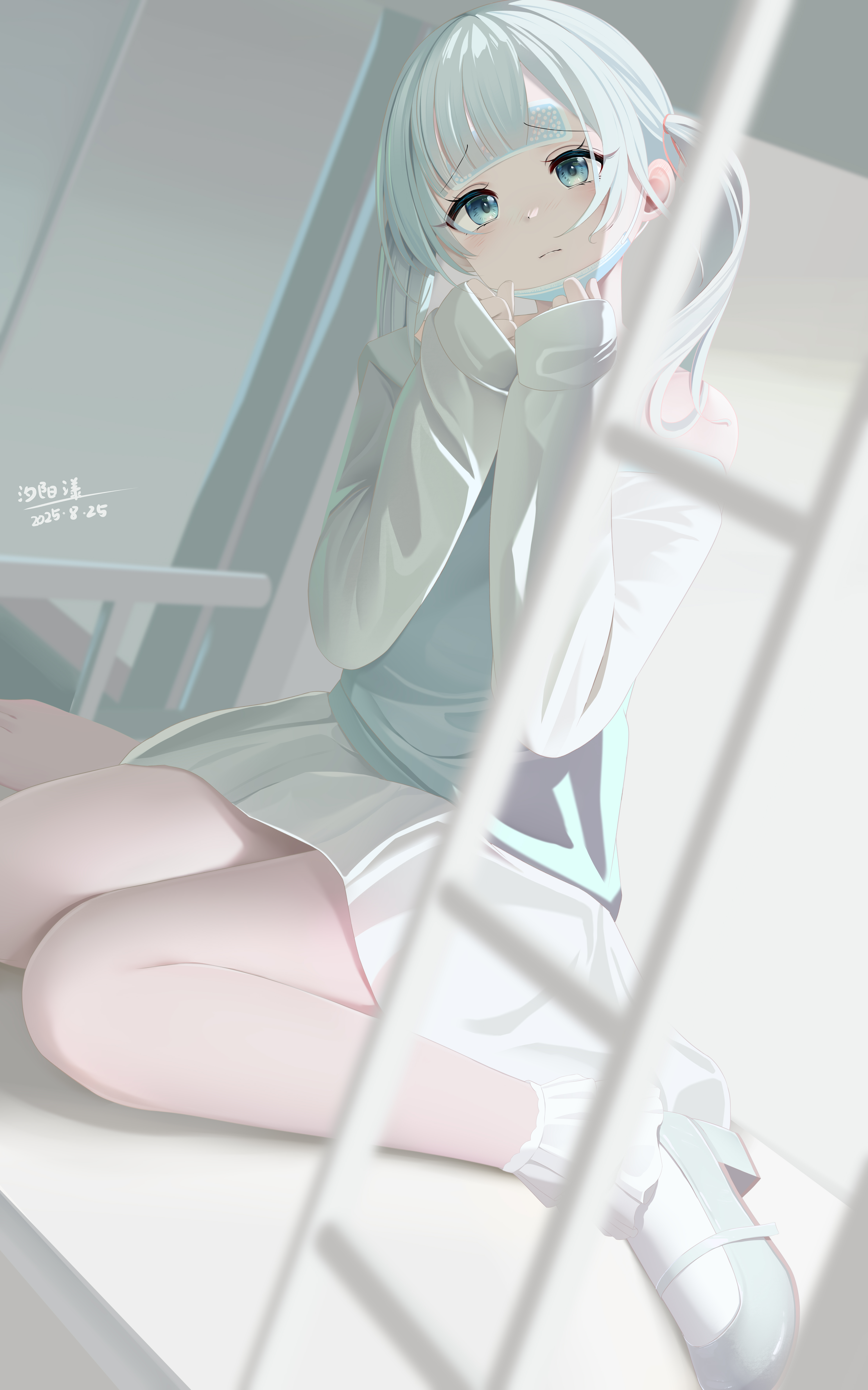 xi yang yang, original, absurdres, highres, 1girl, blurry, blurry foreground, dated, feet, head out of frame, legs, long hair, long sleeves, off shoulder, shirt, sitting, skirt, sleeves past wrists, socks, solo, virtual youtuber, wariza, white hair, white skirt