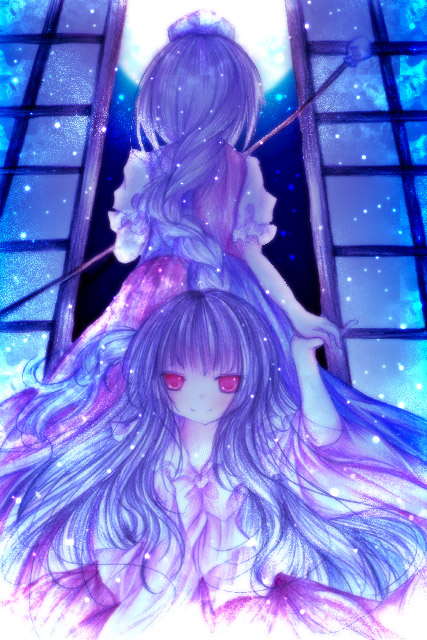 kasuga sunao, houraisan kaguya, yagokoro eirin, touhou, 2girls, bow (weapon), female focus, long hair, moon, multiple girls, red eyes, weapon