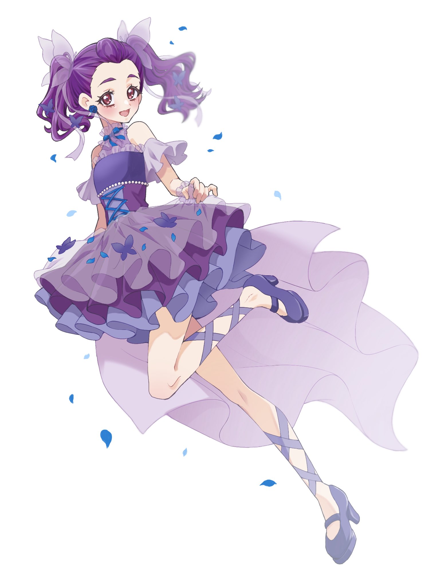 shigen pr, mimino kurumi, precure, yes! precure 5, yes! precure 5 gogo!, highres, 1girl, :d, bangs pinned back, blue choker, blue petals, blush, butterfly hair ornament, choker, detached sleeves, dress, earrings, falling petals, flower earrings, frilled dress, frilled wrist cuffs, frills, hair ornament, jewelry, lace-up heels, layered dress, long hair, looking at viewer, mimino kurumi (lafary), multicolored dress, official alternate costume, open mouth, petals, pink eyes, purple dress, purple hair, rose petals, see-through clothes, see-through sleeves, skirt hold, smile, solo, solo focus, thick eyebrows, twintails, white background, wrist cuffs