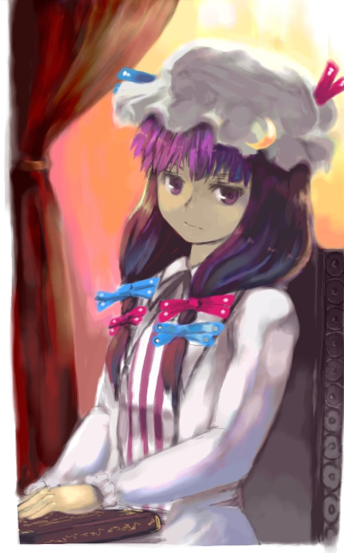 circlek, patchouli knowledge, touhou, 1girl, blue bow, book, bow, chair, curtains, dress, expressionless, female focus, hair bow, hat, head tilt, long hair, long sleeves, looking at viewer, mob cap, multiple hair bows, pink bow, purple eyes, purple hair, shaded face, sitting, solo, upper body, very long hair, white dress