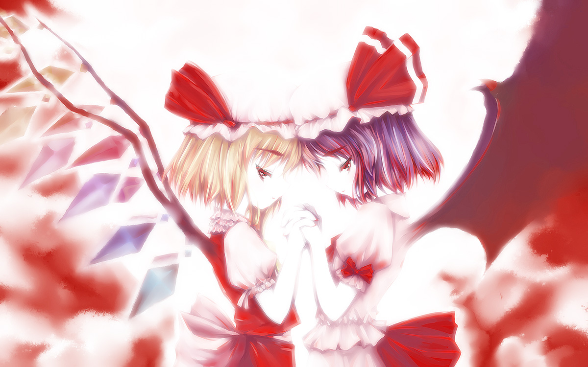yu-ki, yuuki (snowhouse), flandre scarlet, remilia scarlet, touhou, 2girls, female focus, gradient background, hat, mob cap, multiple girls, siblings, sisters, skirt, white background, wings