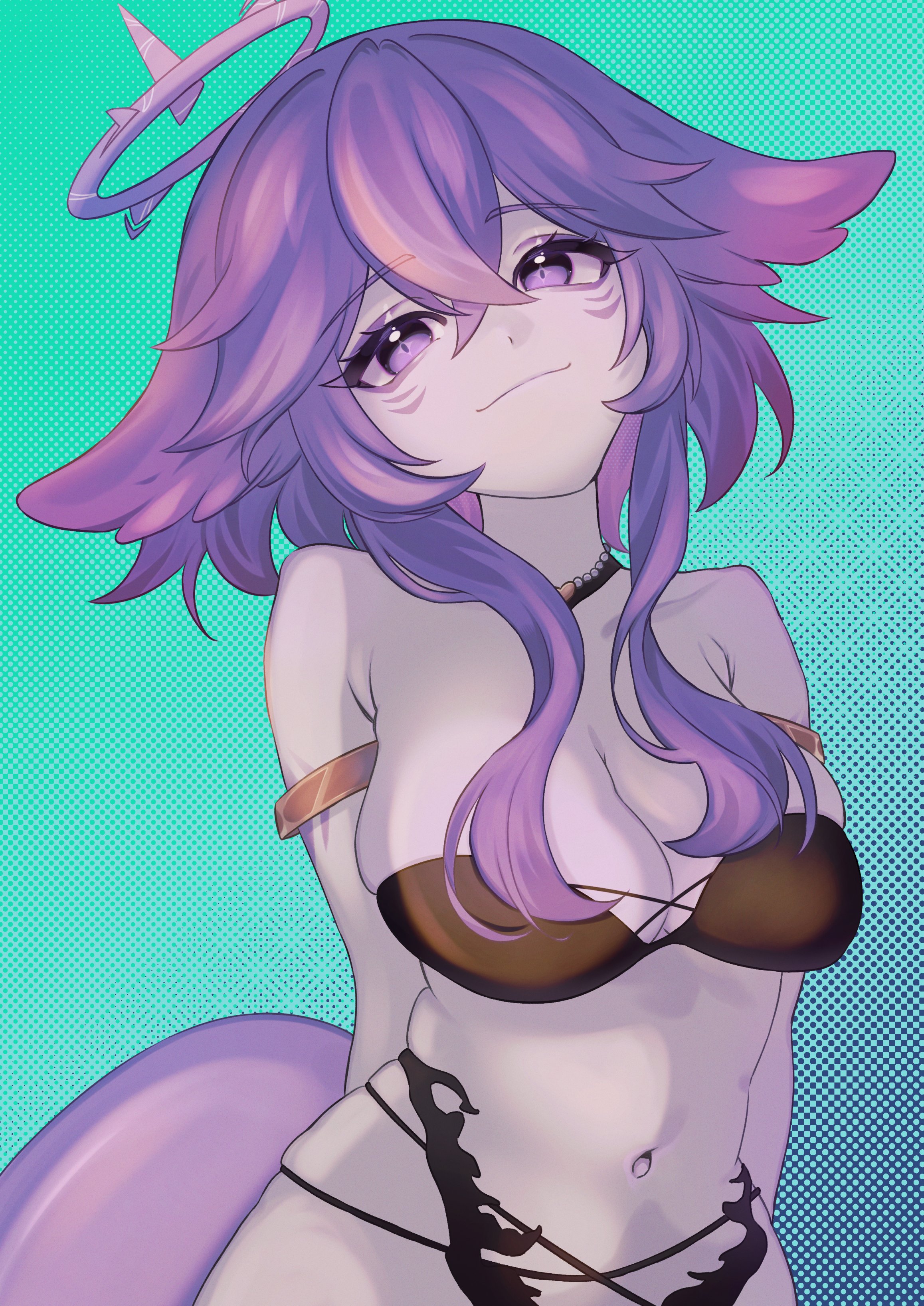megalodon (vtuber), indie virtual youtuber, absurdres, commentary, highres, 1girl, aqua background, armlet, arms behind back, bikini, black bikini, black choker, breasts, choker, cleavage, closed mouth, colored skin, eyelashes, grey skin, halo, jewelry, kacom art, long hair, multiple armlets, navel, purple eyes, purple hair, sidelocks, smile, solo, stomach, swimsuit, tail, virtual youtuber