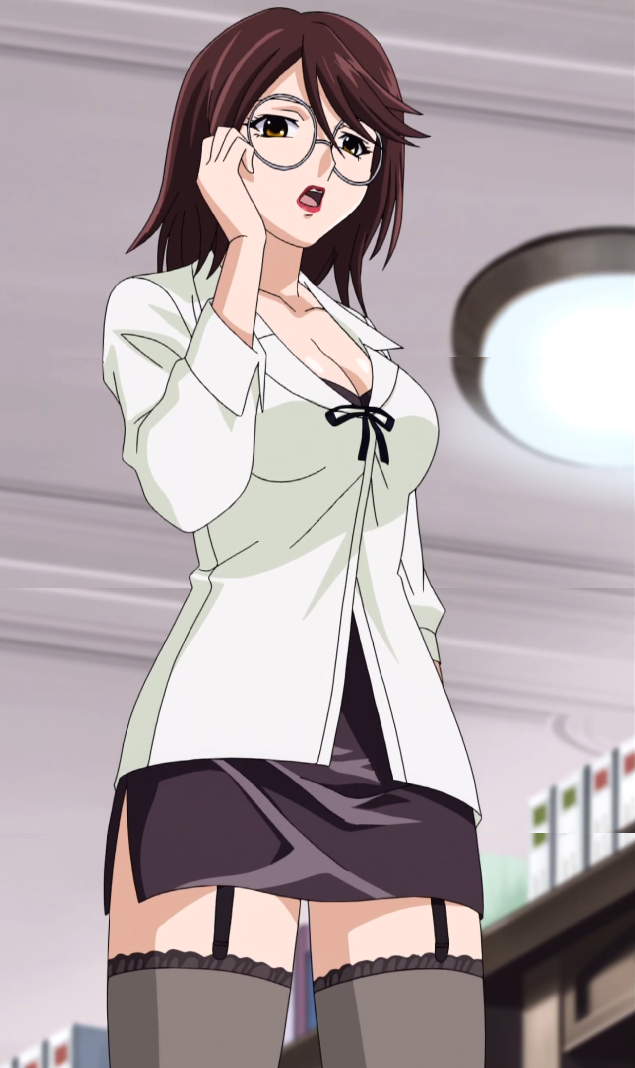 kagome ririko, rosario+vampire, anime screenshot, highres, 00s, 1girl, breasts, cleavage, female focus, garter belt, garter straps, glasses, large breasts, lilico kagome, liliko sensei, miniskirt, pencil skirt, skirt, solo, teacher, thighhighs, yellow eyes, zettai ryouiki
