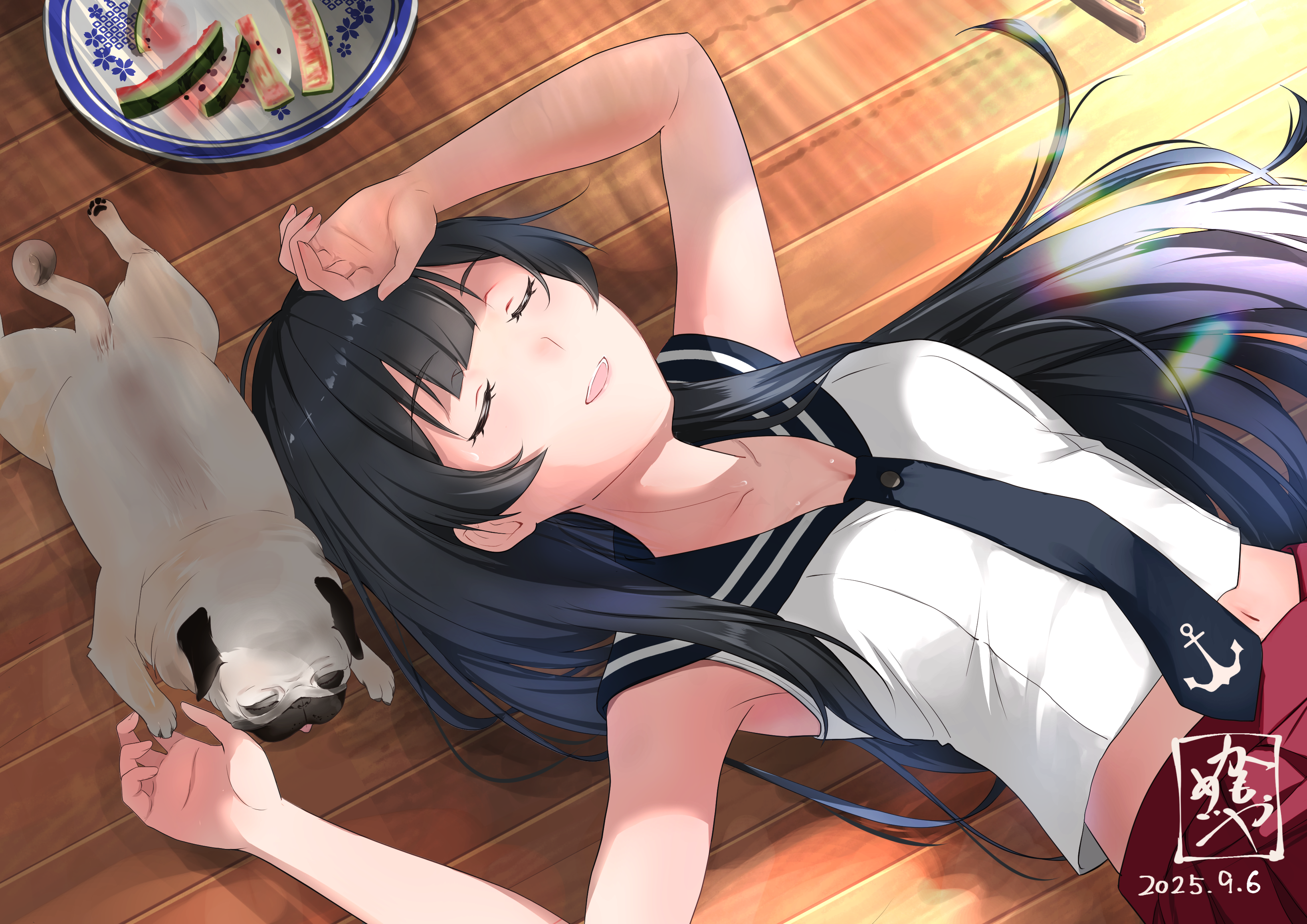 kamo mayor, agano (kancolle), kantai collection, absurdres, commission, highres, pixiv commission, 1girl, anchor symbol, black hair, black necktie, breasts, closed eyes, lying, medium breasts, necktie, on back, open mouth, pug, red skirt, school uniform, serafuku, shirt, skirt, sleeveless, sleeveless shirt, solo, wooden floor