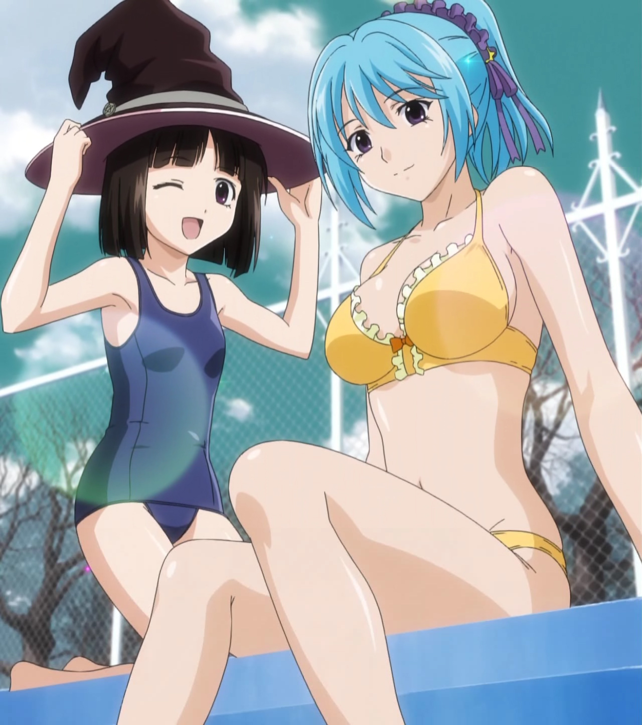 kurono kurumu, sendou yukari, rosario+vampire, anime screenshot, highres, 00s, 2girls, bikini, blue hair, bob cut, breasts, brown hair, day, demon girl, flat chest, hairband, hat, large breasts, medium breasts, multiple girls, one-piece swimsuit, one eye closed, purple eyes, school swimsuit, short hair, smile, swimsuit, wink, witch hat