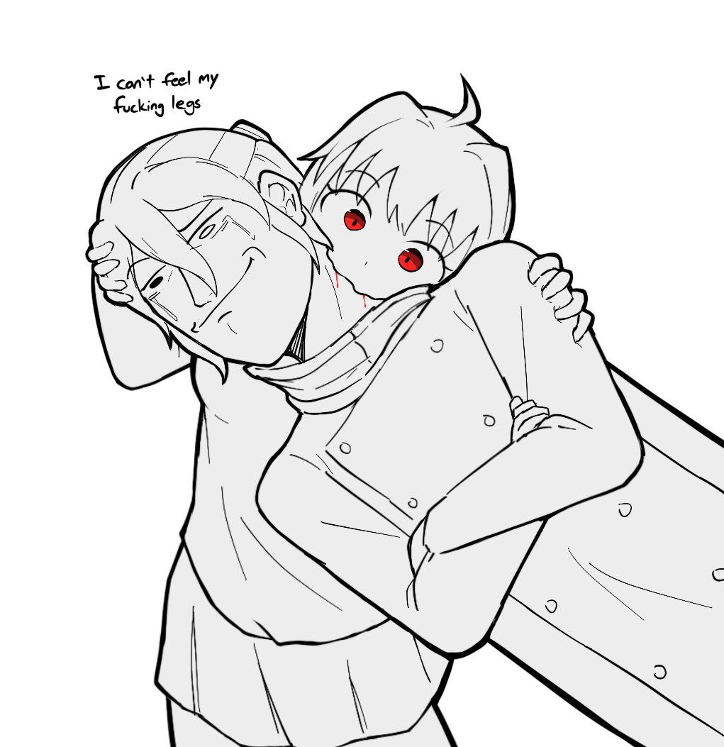 fiiib, arcueid brunestud, date kaname, ai the somnium files, tsukihime, tsukihime (remake), 1boy, 1girl, ahoge, biting, blood, crossed arms, crossover, crying, english text, hair between eyes, jacket, monochrome, neck biting, raised eyebrows, red eyes, skirt, smile, sweater, vampire