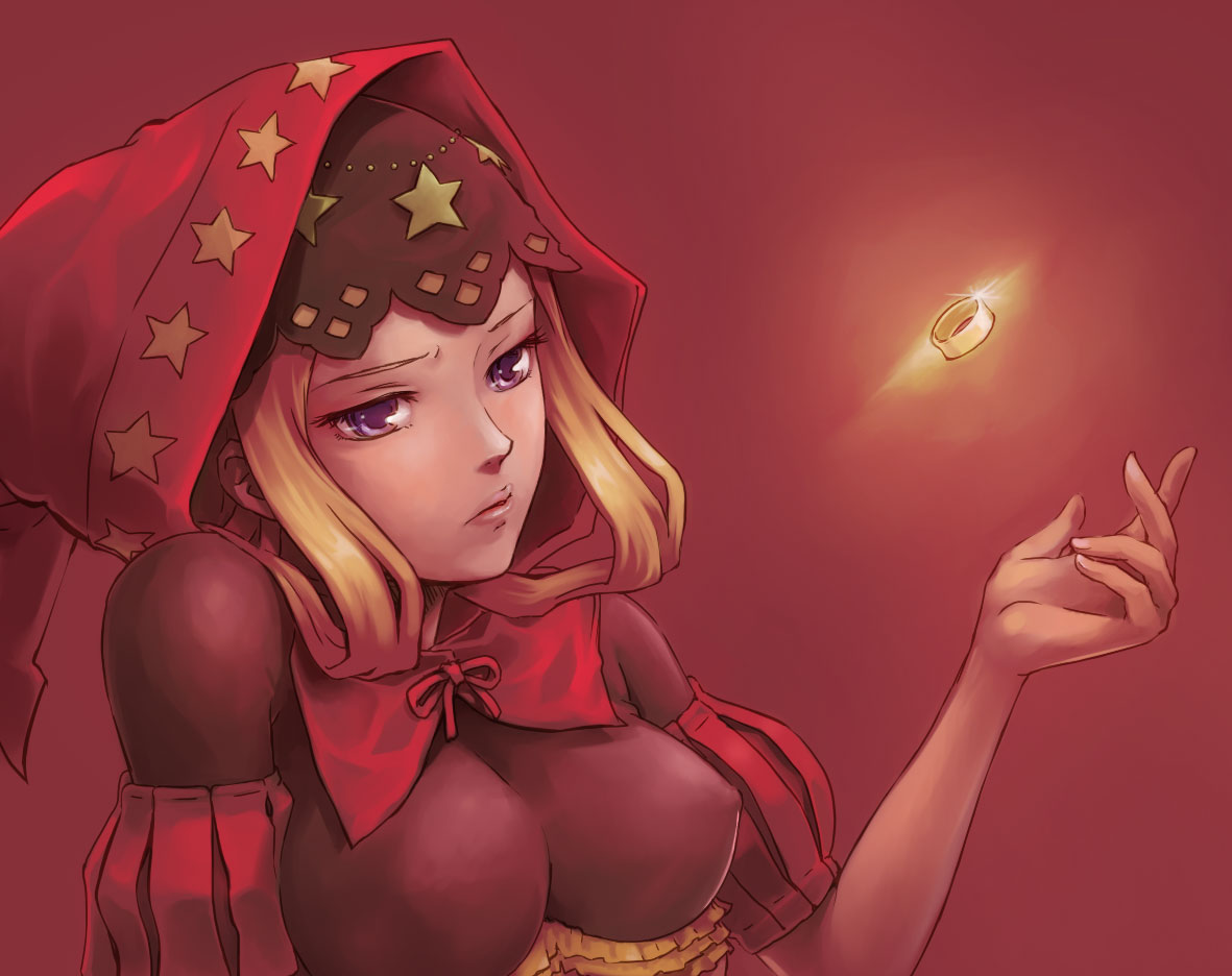 toshi punk, velvet (odin sphere), odin sphere, 1girl, blonde hair, breasts, covered erect nipples, female focus, hood, impossible clothes, jewelry, large breasts, puff and slash sleeves, puffy sleeves, purple eyes, ring, skin tight, solo