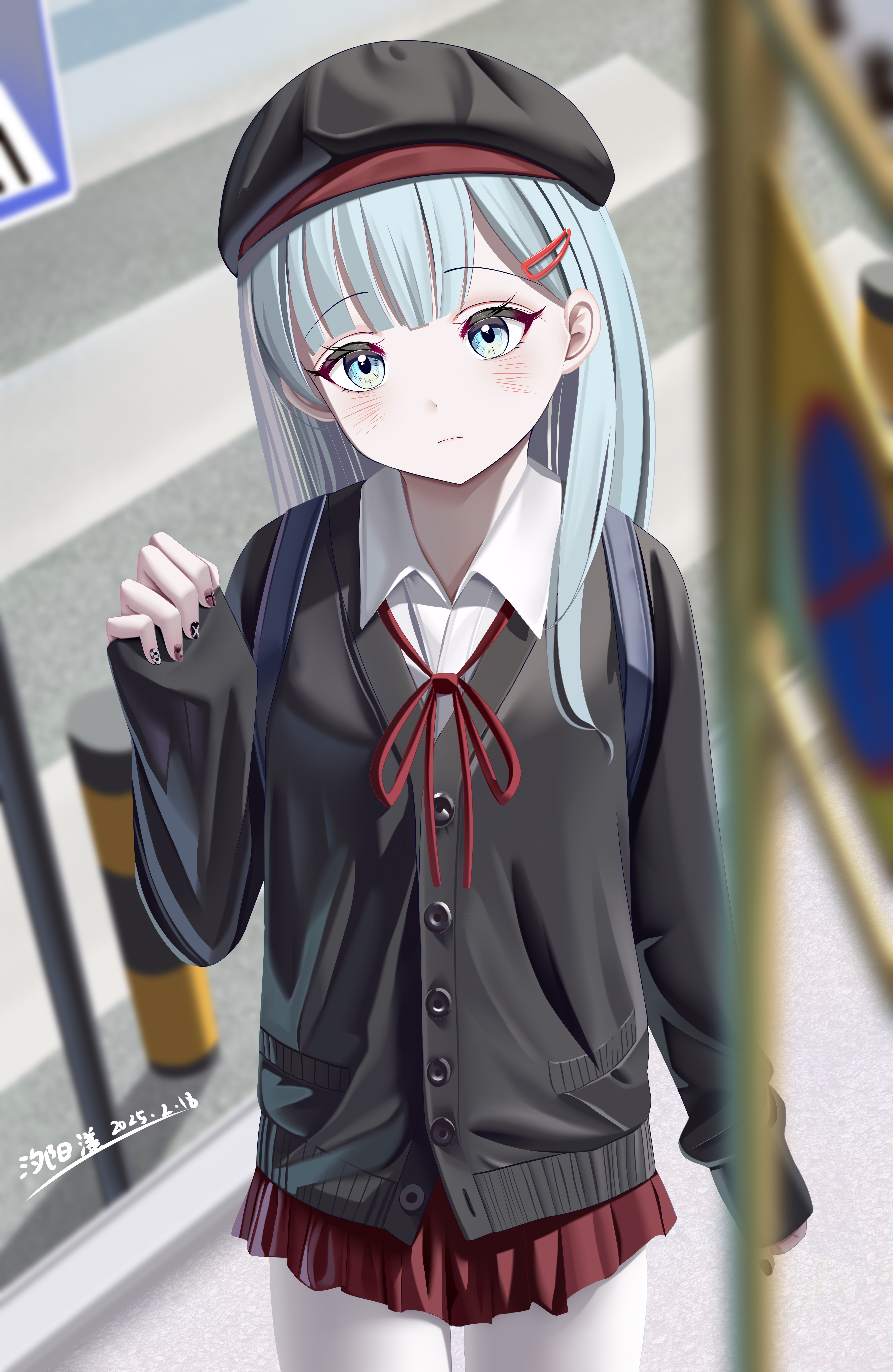 xi yang yang, original, absurdres, highres, making-of available, 1girl, alternate costume, black cardigan, black nails, blue eyes, blue hair, blurry, blush, cardigan, closed mouth, collared shirt, hair ornament, hairclip, hat, long hair, long sleeves, looking at viewer, nail polish, neck ribbon, pantyhose, red ribbon, ribbon, school uniform, shirt, solo, upper body, white pantyhose, white shirt
