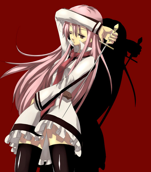sio, sio (rough), 1girl, black thighhighs, brown eyes, dress, female focus, long hair, necktie, one eye closed, pink eyes, pink hair, shadow, solo, sword, thighhighs, weapon, wink, zettai ryouiki