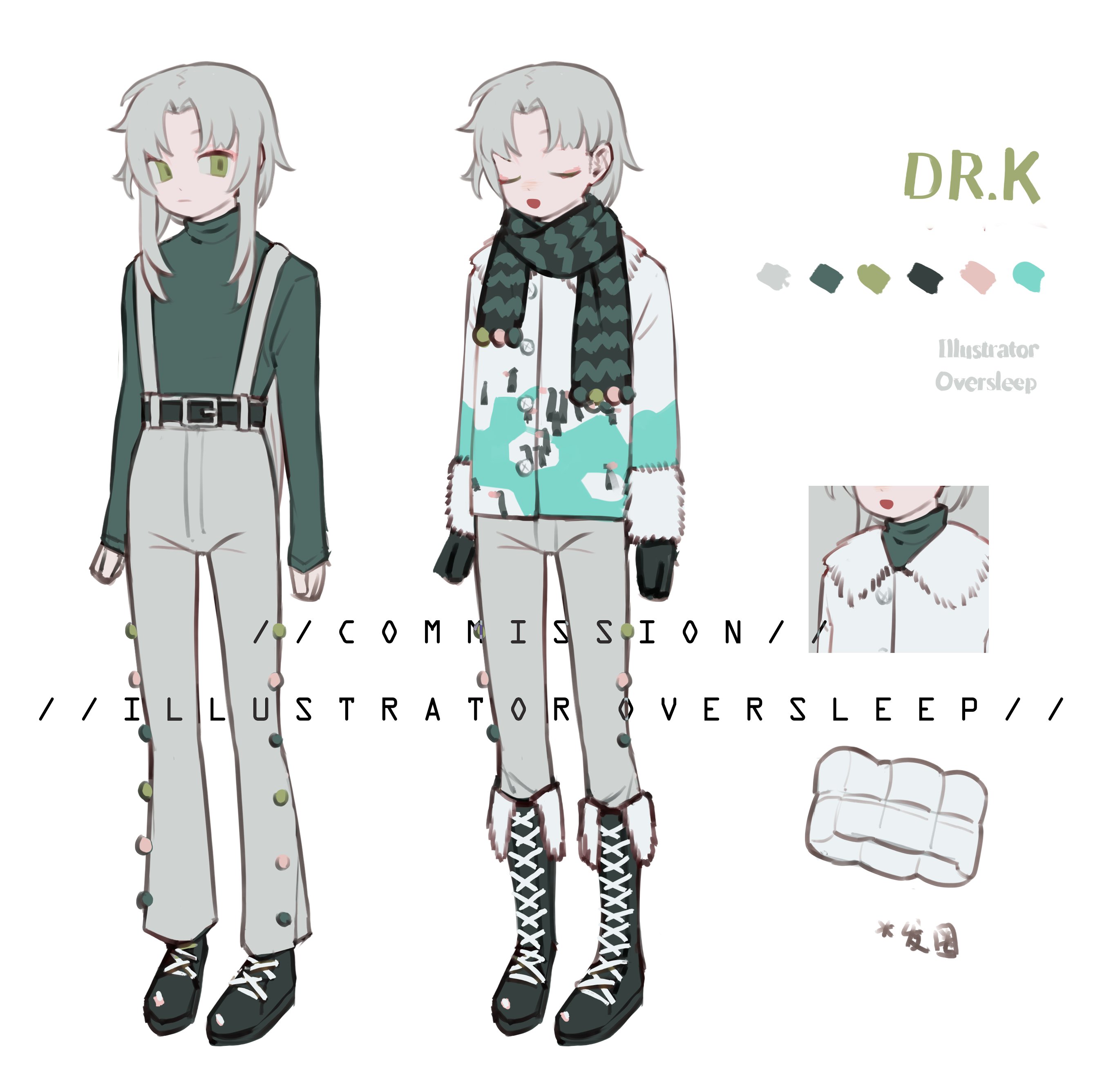 oversleep, original, absurdres, highres, 1boy, black boots, boots, character name, chinese text, closed eyes, closed mouth, coat, color guide, english text, full body, fur trim, gloves, green eyes, green scarf, green shirt, grey hair, grey pants, jacket, lace-up boots, long sleeves, male focus, multiple expressions, multiple views, open mouth, pants, parted bangs, reference sheet, scarf, shirt, short hair, short hair with long locks, simple background, suspenders, sweater, turtleneck, white background