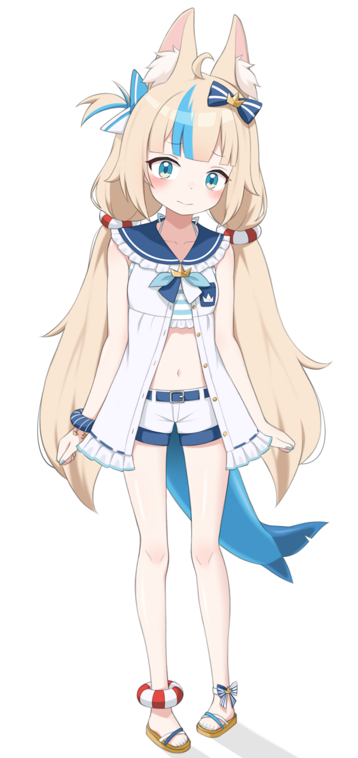 mooramango, sameko saba, indie virtual youtuber, absurdres, commentary, highres, 1girl, ahoge, animal ear fluff, animal ears, blonde hair, blue bow, blue eyes, blue hair, blush, bow, breasts, cat ears, closed mouth, dress, fins, fish girl, fish tail, frilled sailor collar, frills, full body, hair bow, hair ornament, lifebuoy hair ornament, long hair, looking at viewer, low twintails, multicolored hair, navel, one side up, open clothes, open dress, paper boat, sailor collar, scrunchie, short shorts, shorts, simple background, sleeveless, sleeveless dress, small breasts, solo, standing, streaked hair, tail, twintails, very long hair, virtual youtuber, white background, white dress, white shorts, wrist scrunchie