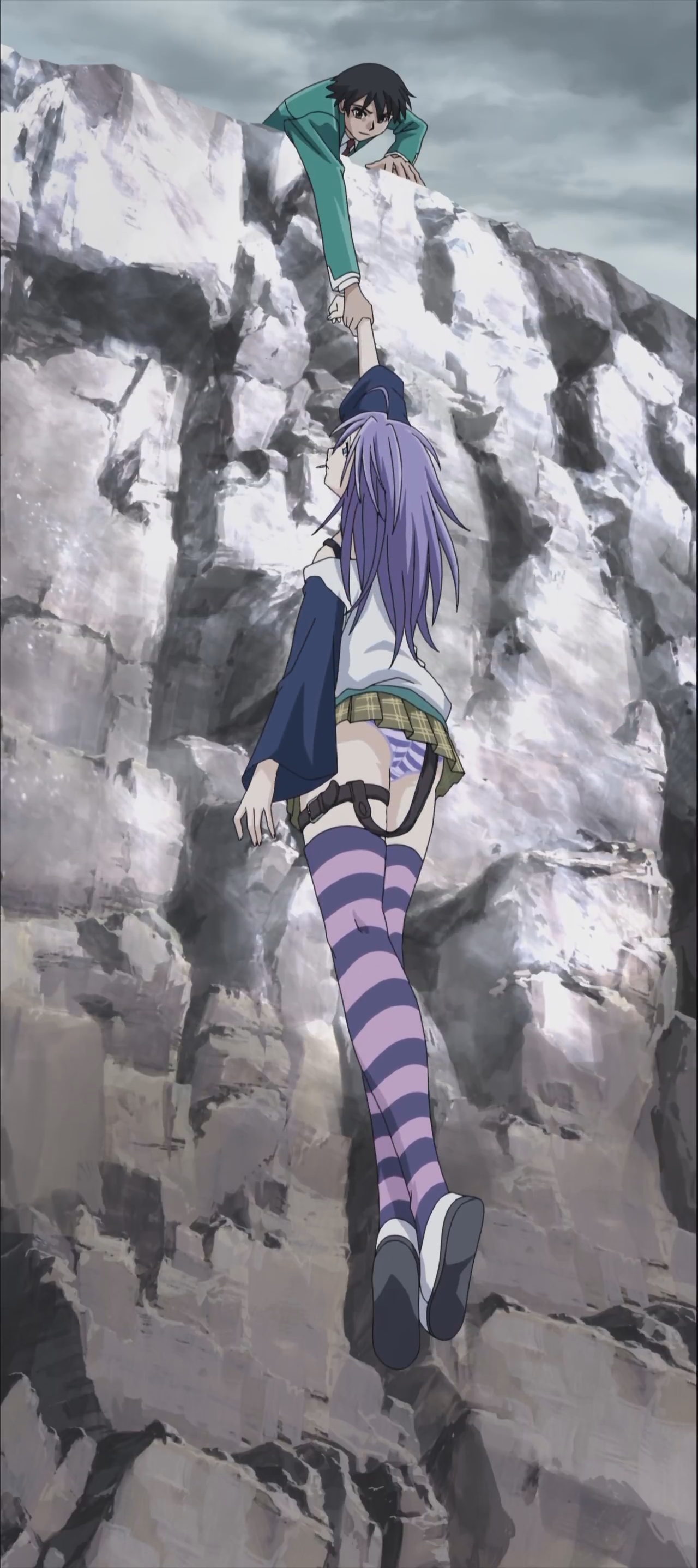aono tsukune, shirayuki mizore, rosario+vampire, absurdres, anime screenshot, highres, 00s, 1boy, 1girl, belt, kneepits, long hair, miniskirt, panties, pantyshot, purple hair, skirt, thigh strap, thighhighs, underwear