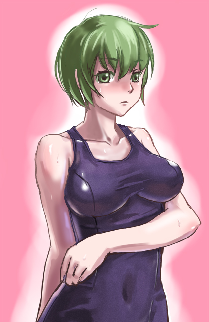 kawa akira, taepro, 1girl, breasts, female focus, green eyes, green hair, large breasts, matching hair/eyes, one-piece swimsuit, school swimsuit, short hair, solo, swimsuit
