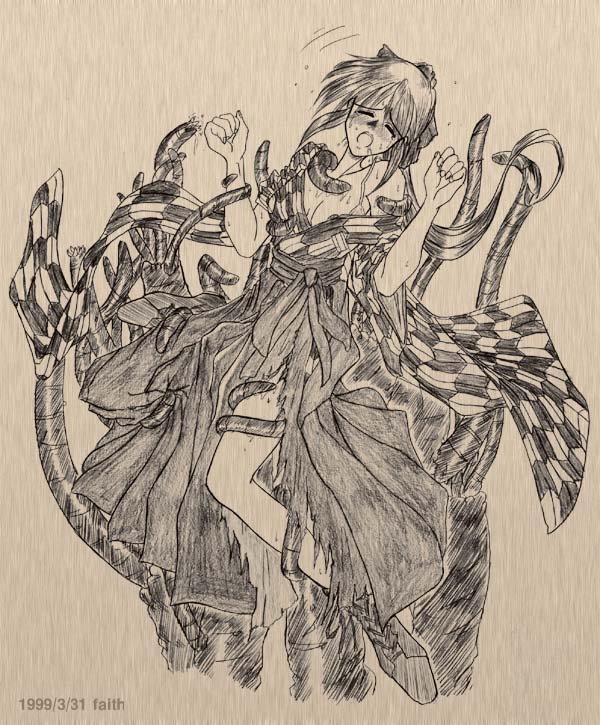 bashamichi, 1girl, blush, female focus, haikara, hakama, hakama skirt, japanese clothes, long hair, meiji schoolgirl uniform, monochrome, rape, skirt, solo, tentacles, waitress, yagasuri