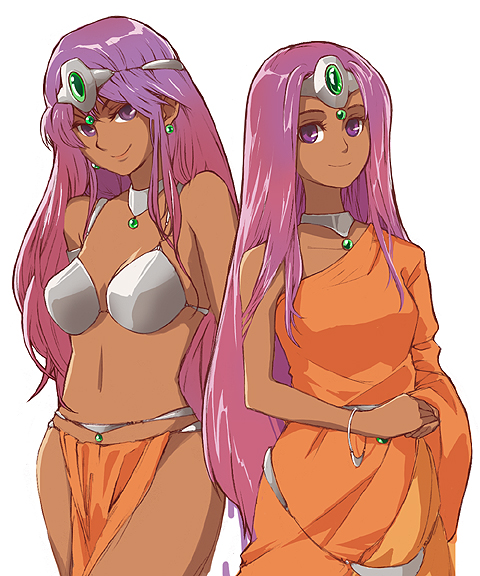 mori yoichi, manya (dq4), minea (dq4), chunsoft, dragon quest, dragon quest iv, enix, 2girls, bikini, bikini top only, circlet, dark-skinned female, dark skin, dress, hat, long hair, multiple girls, orange dress, pelvic curtain, purple eyes, purple hair, siblings, sisters, swimsuit, tiara