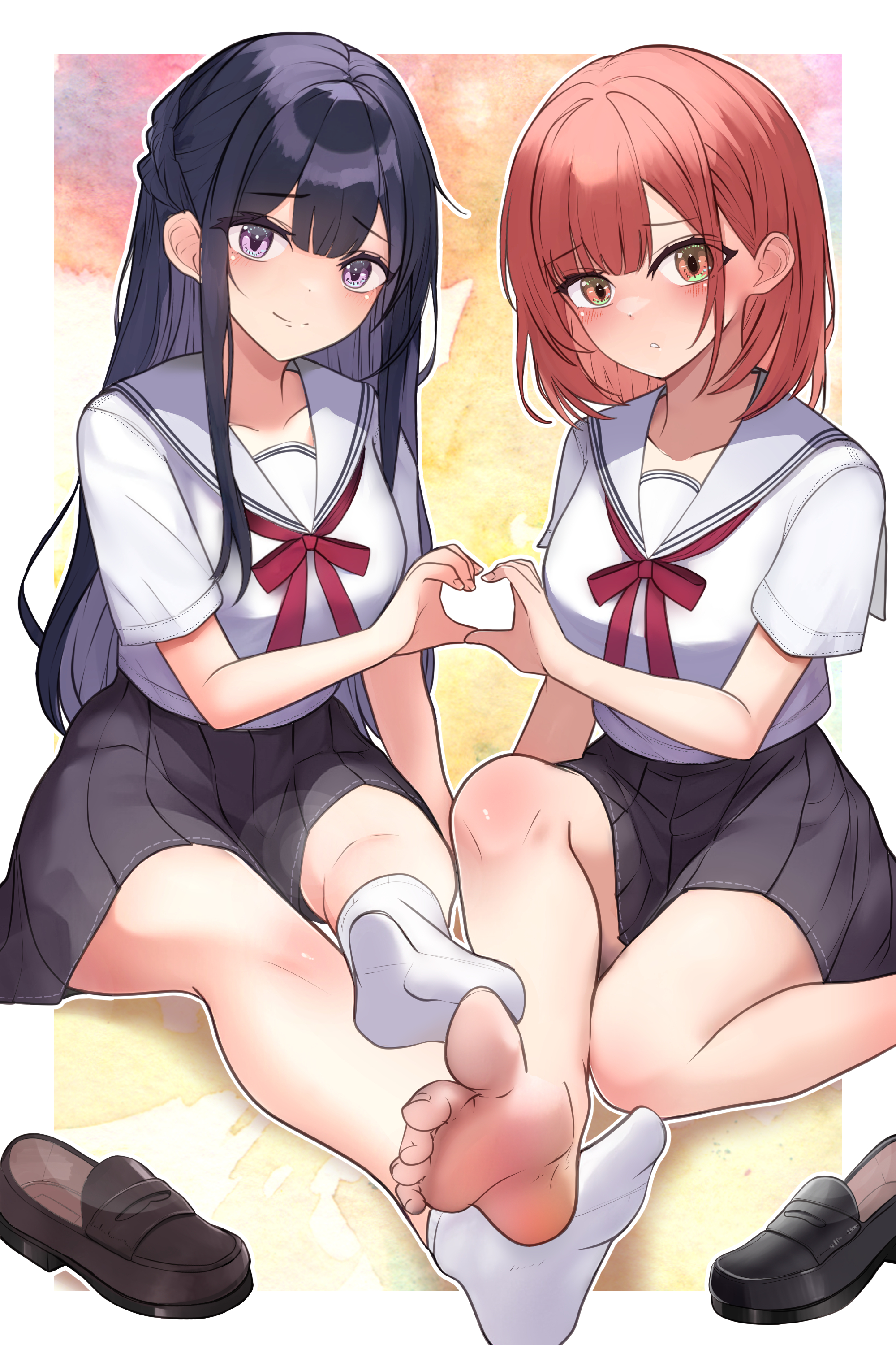 lumina414, original, absurdres, highres, 2girls, barefoot, black hair, black skirt, braid, breasts, collarbone, crown braid, heart, heart hands, heart hands duo, loafers, long hair, looking at viewer, medium breasts, medium hair, multiple girls, outstretched leg, pleated skirt, purple eyes, red hair, red ribbon, ribbon, sailor collar, school uniform, shoes, short sleeves, sidelocks, sitting, skirt, socks, toes, unworn shoes, white sailor collar, white socks
