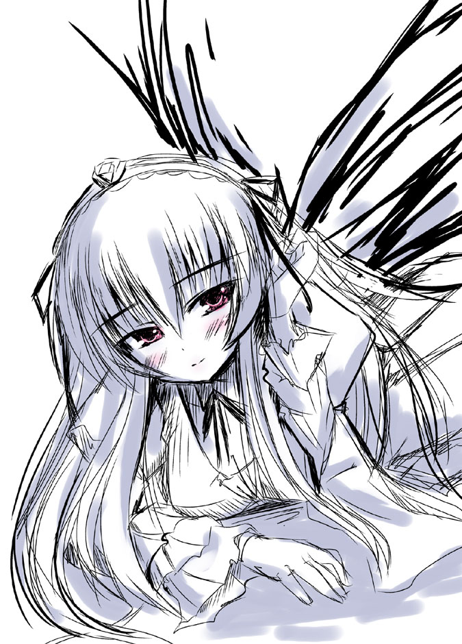 shinshin, suigintou, rozen maiden, 00s, 1girl, female focus, monochrome, purple theme, sketch, solo, spot color