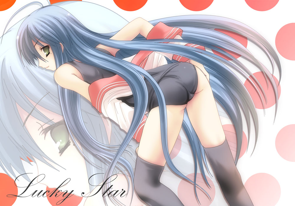 namamo nanase, izumi konata, lucky star, 00s, 1girl, ass, blue hair, female focus, long hair, mole, mole under eye, no pants, one-piece swimsuit, school swimsuit, school uniform, serafuku, solo, swimsuit, swimsuit under clothes, thighhighs, very long hair, zoom layer