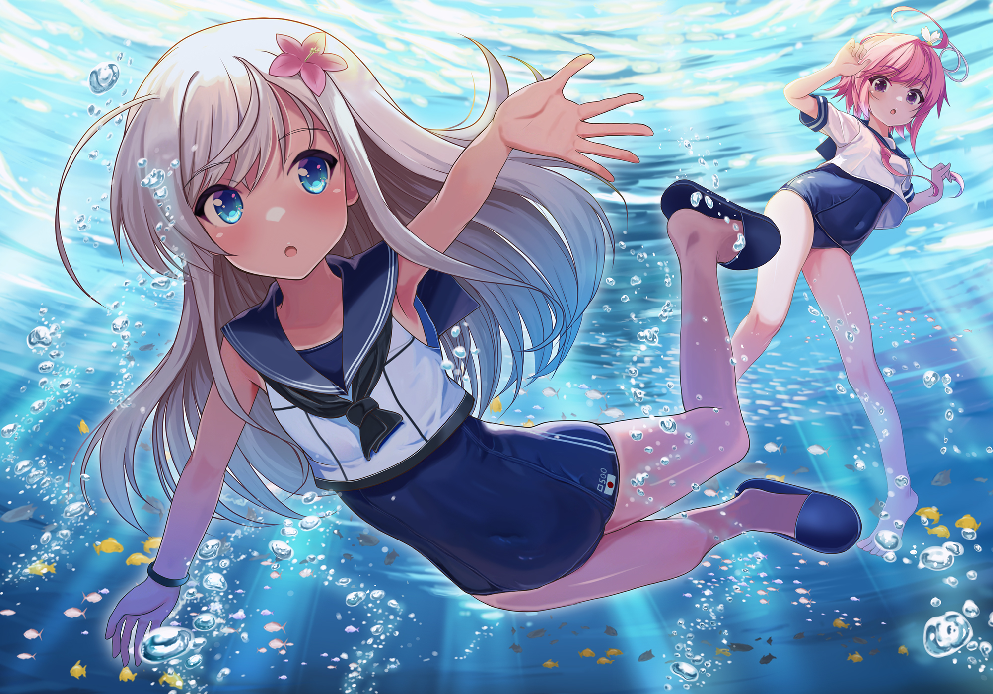 naox, i-58 (kancolle), ro-500 (kancolle), kantai collection, commentary request, highres, air bubble, blonde hair, blue eyes, blush, bubble, crop top, day, fish, flower, freediving, hair flower, hair ornament, long hair, looking at viewer, ocean, one-piece swimsuit, one-piece tan, open mouth, outdoors, pink hair, sailor collar, school swimsuit, school uniform, serafuku, serasuku, short hair, smile, solo, submerged, swimming, swimsuit, swimsuit under clothes, tan, tanline, tropical fish, underwater, water