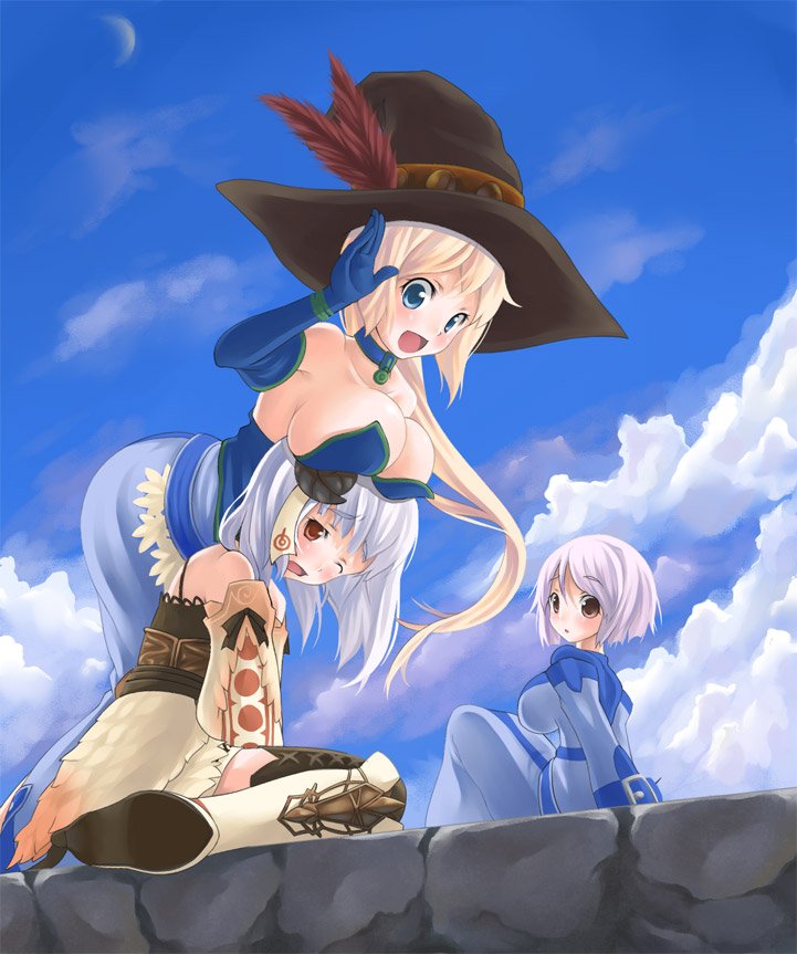 oyu-san, fantasy earth zero, silver hair, 3girls, :d, bent over, blonde hair, blue eyes, boots, breast press, breast rest, breasts, breasts on head, brown eyes, cleavage, cloud, collar, day, detached sleeves, elbow gloves, feathers, gloves, hat, huge breasts, large breasts, long hair, multiple girls, one eye closed, open mouth, ponytail, purple hair, red eyes, salute, sitting, sky, smile
