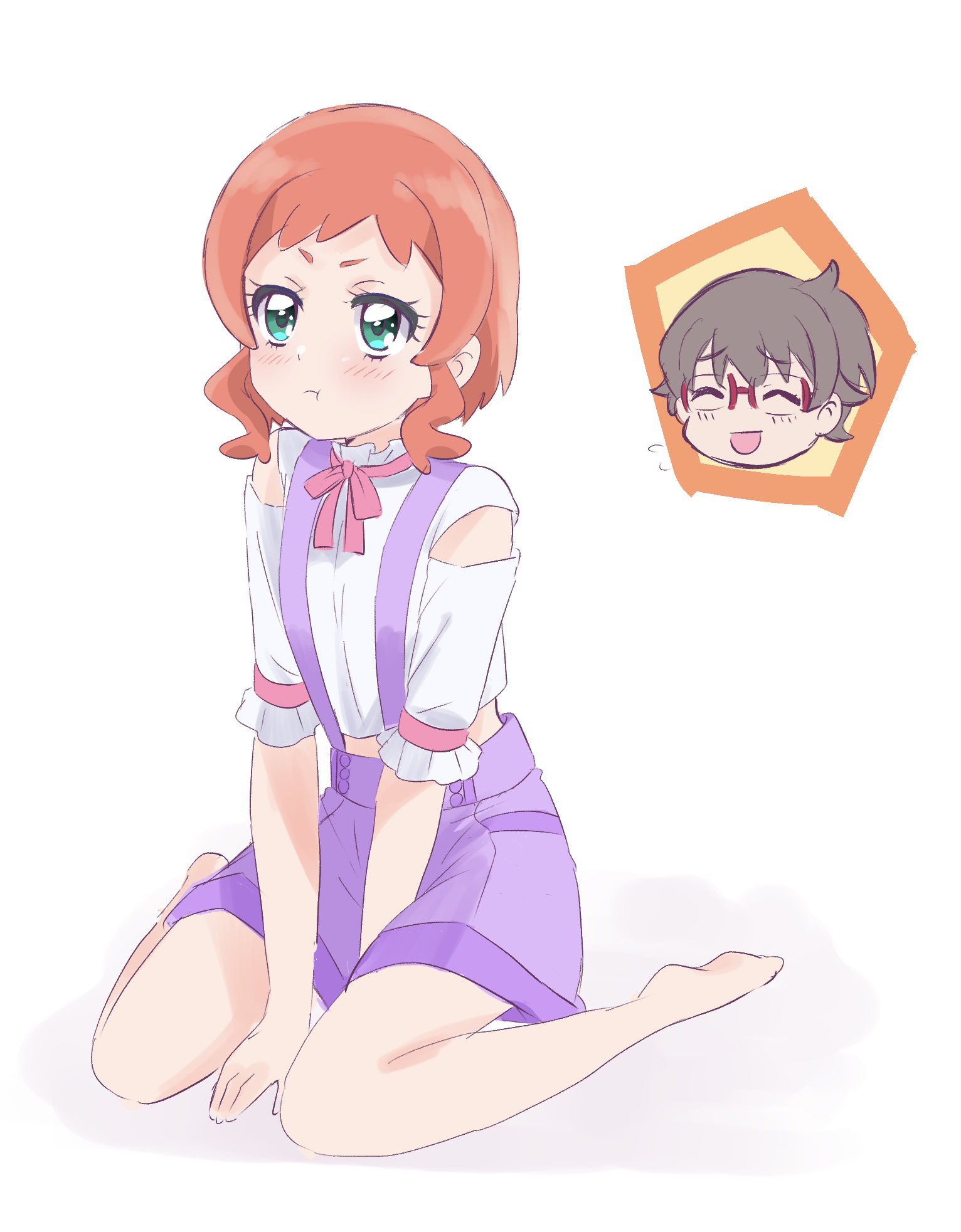 inukai iroha, toyama satoru, precure, wonderful precure!, commentary, highres, 1boy, 1girl, :t, ^ ^, arms between legs, bare shoulders, barefoot, blush, brown hair, buttons, closed eyes, closed mouth, clothing cutout, couple, cowlick, cropped shirt, frilled shirt, frilled sleeves, frills, glasses, green eyes, head only, looking up, midriff, neck ribbon, nishiyumi, on floor, open mouth, orange hair, pink ribbon, pout, purple shorts, red-framed eyewear, ribbon, shirt, short hair, short hair with long locks, short sleeves, shorts, simple background, sitting, smile, suspender shorts, suspenders, wariza, white background, white shirt