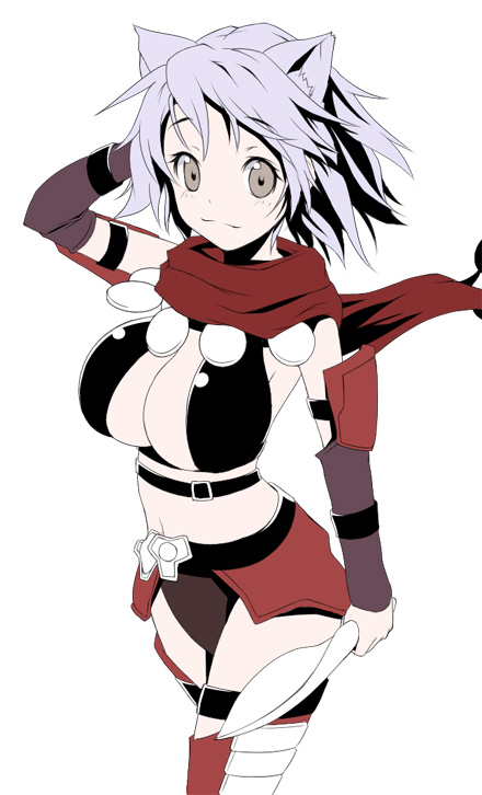 oyu-san, fantasy earth zero, 1girl, animal ears, blue eyes, blue hair, cat ears, female focus, matching hair/eyes, red scarf, scarf, solo