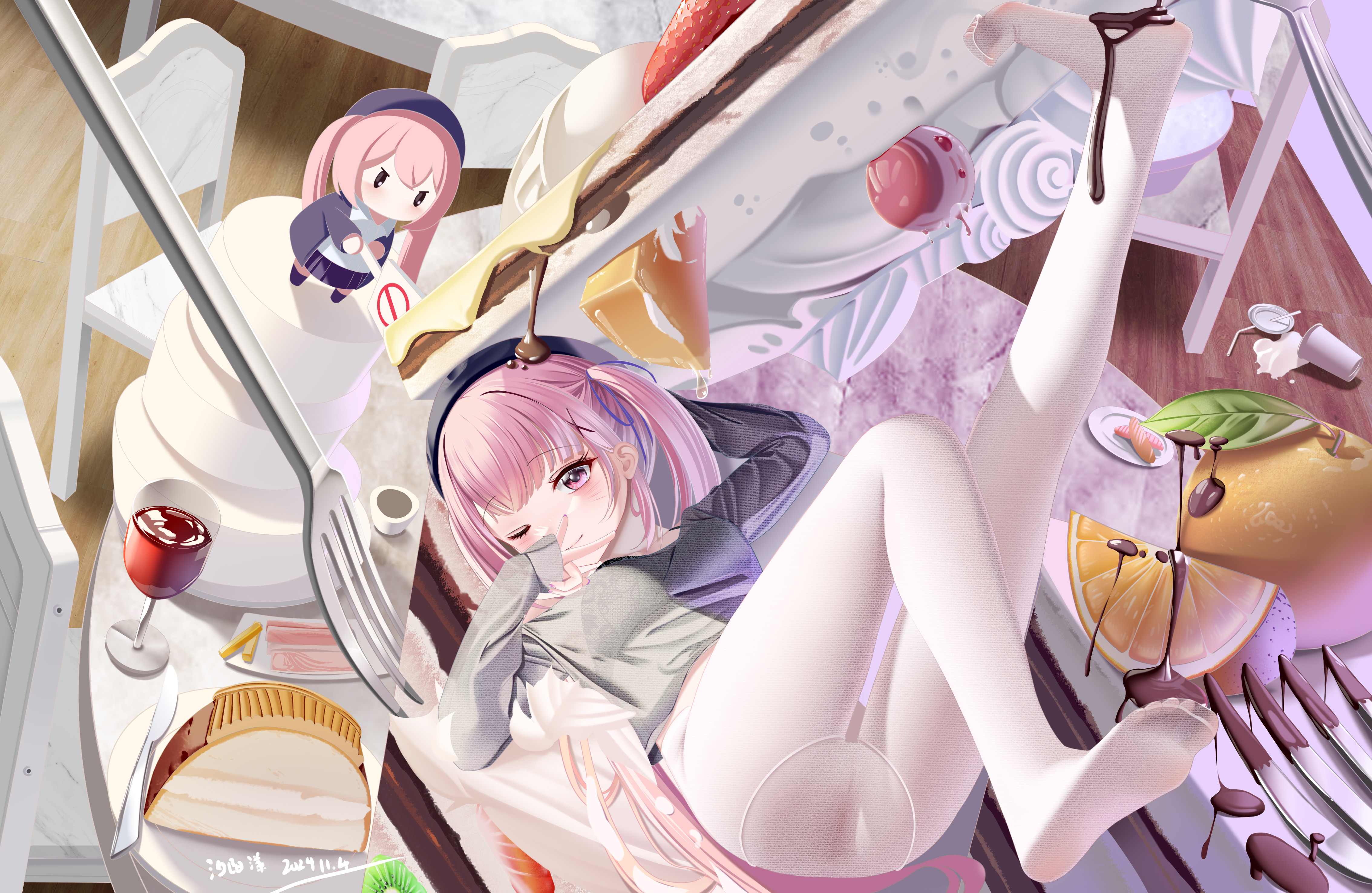 xi yang yang, original, absurdres, highres, 1girl, breasts, cake, cake slice, character doll, doll, feet, food, fork, fruit, hat, legs, long hair, long sleeves, looking at viewer, lying, mini person, minigirl, no shoes, on back, one eye closed, orange (fruit), pantyhose, pink hair, purple eyes, purple hair, ribbon, smile, soles, solo, strawberry, toes, twintails, virtual youtuber, white pantyhose