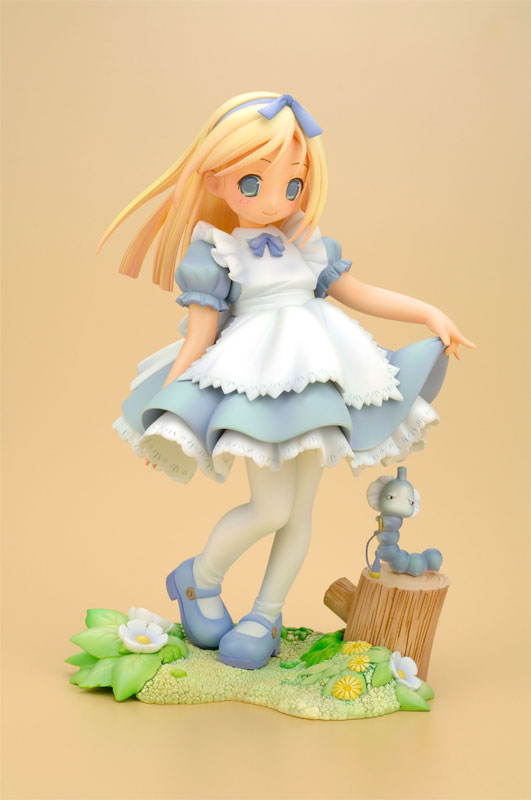 pop, alice (alice in wonderland), caterpillar (alice in wonderland), alice's adventures in wonderland, photo (medium), 1girl, 2008-03, blonde hair, blue eyes, caterpillar, female focus, figure, flower, frills, hairband, hookah, kenzen, leaf, pantyhose, skirt, solo, tree stump