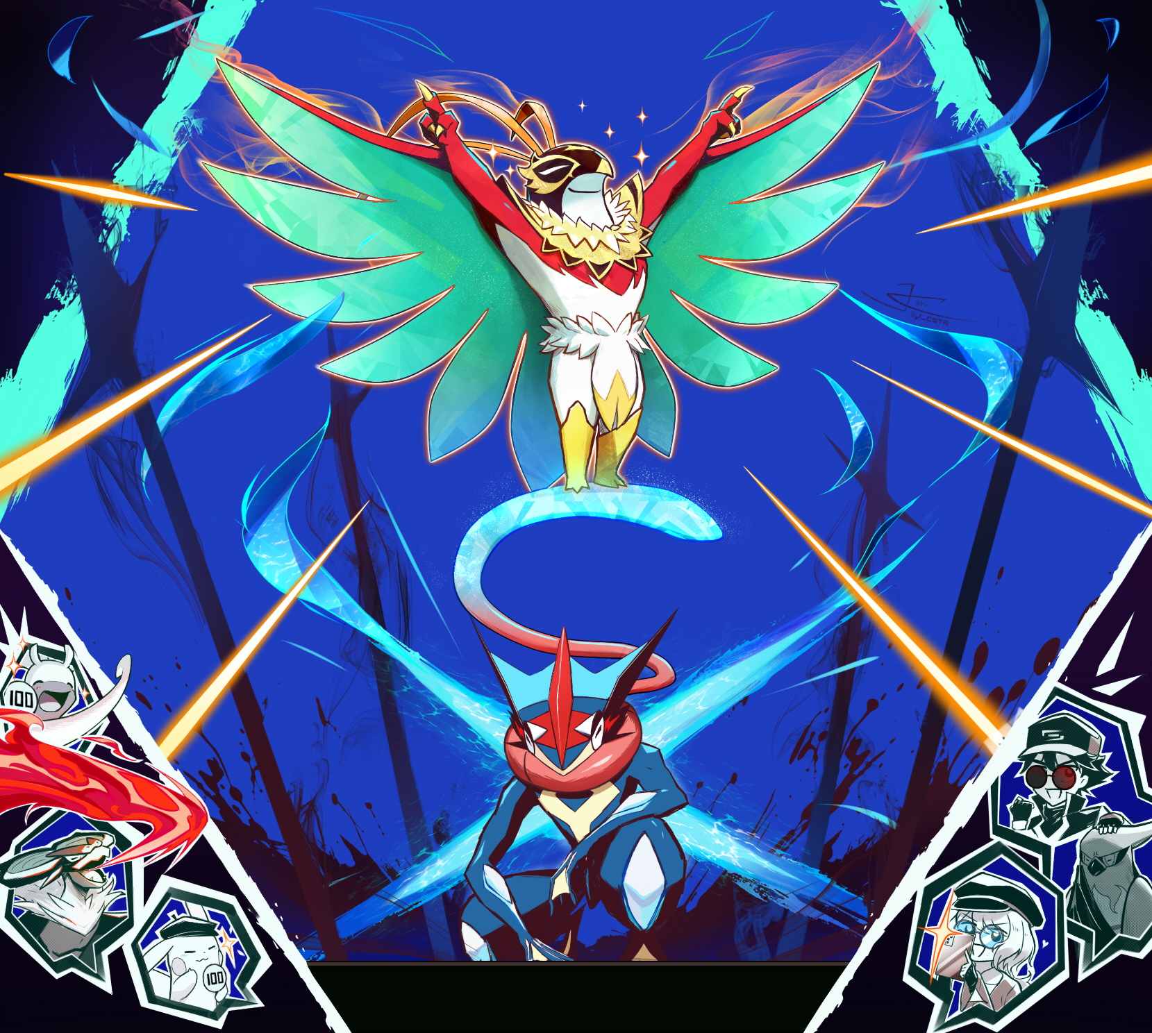 jcstr, ash-greninja, ash ketchum, goodra, greninja, hawlucha, mega hawlucha, noivern, pikachu, serena (pokemon), talonflame, nintendo, pokemon, pokemon (anime), pokemon xy (anime), commentary request, highres, mixed-language commentary, 1boy, 1girl, arms up, aura, baseball cap, blue background, breath weapon, breathing fire, cellphone, claws, clenched hand, closed eyes, closed mouth, clothed pokemon, fingerless gloves, fire, gen 1 pokemon, gen 6 pokemon, glint, gloves, hand on another's head, hat, heart, holding, holding phone, holding sign, mega pokemon, open mouth, phone, pokemon (creature), round eyewear, short hair, sign, smartphone, smile, sparkle, standing, sunglasses, taking picture, tinted eyewear