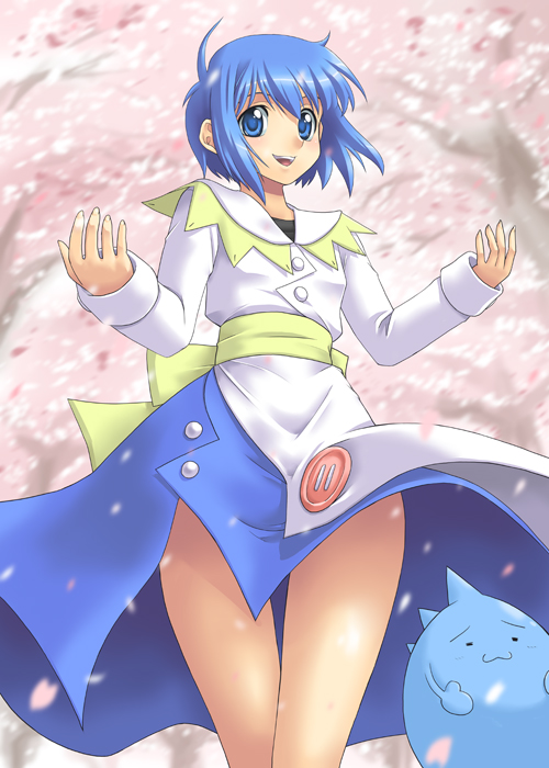 yaso shigeru, mikage sakura, sakura (ukagaka), unyuu, ukagaka, 1girl, blue eyes, blue hair, cherry blossoms, short hair