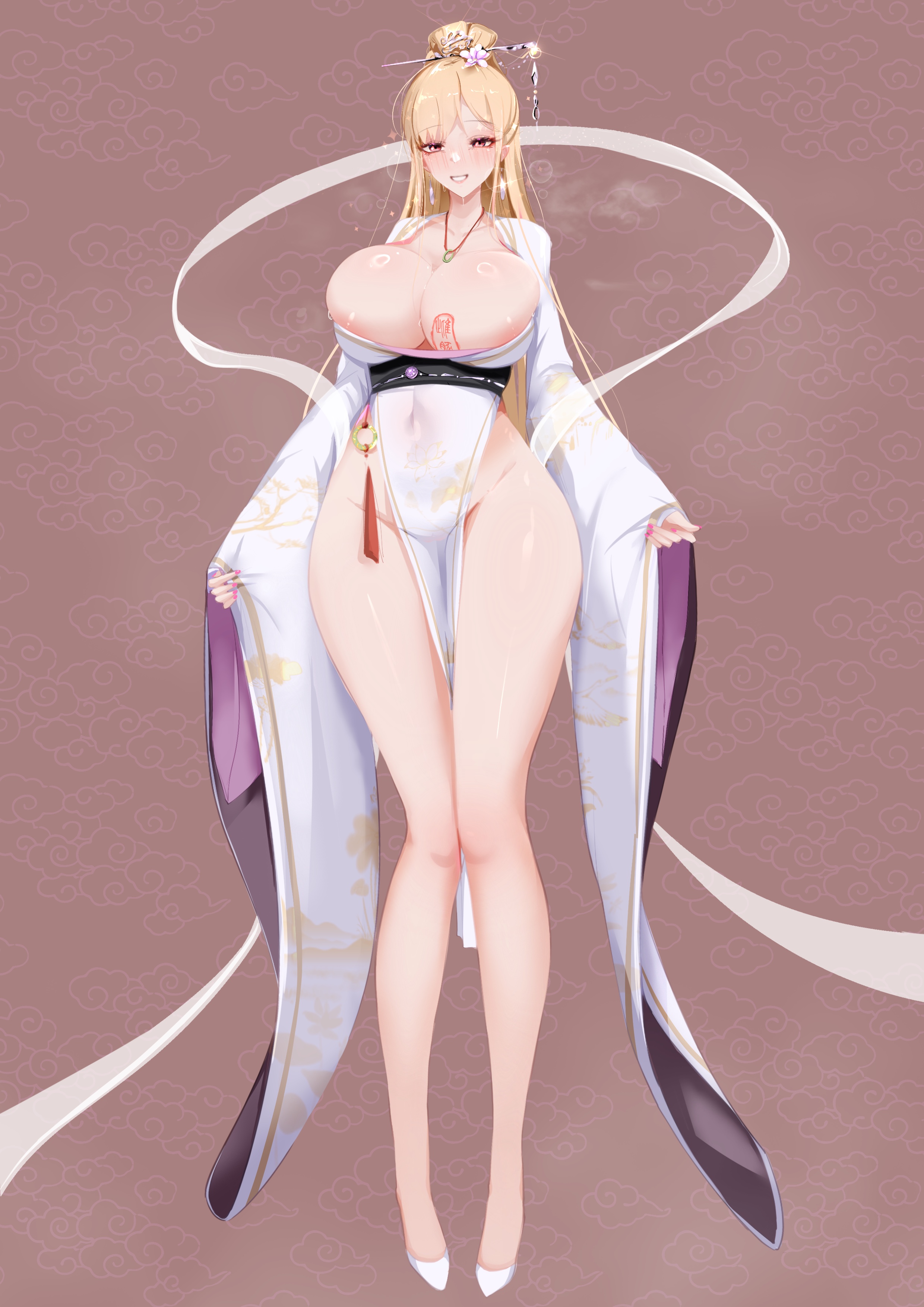 dogma zzzz, white footwear, highres, 1girl, areola slip, blonde hair, breast tattoo, breasts, chinese clothes, cleavage, covered navel, dress, earrings, full body, hair ornament, hair stick, huge breasts, jewelry, long hair, looking at viewer, mole, pelvic curtain, red eyes, sash, smile, solo, tattoo, wide sleeves