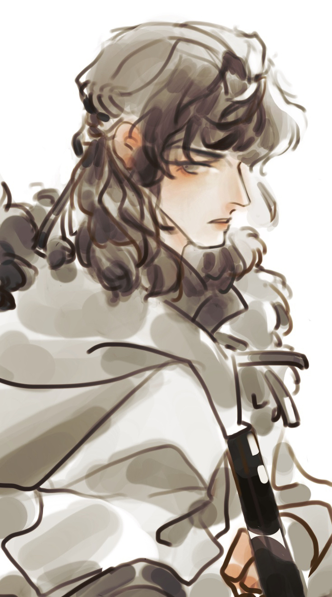 harshmoon, turin, the silmarillion, tolkien's legendarium, 1boy, grey eyes, grey hair, looking at viewer, male focus, parted lips, simple background, solo, upper body, white background