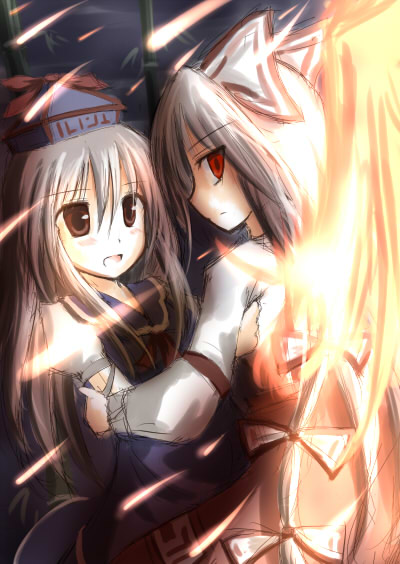 mashayuki, fujiwara no mokou, kamishirasawa keine, touhou, 2girls, female focus, fiery wings, fire, hair ribbon, hat, multiple girls, red eyes, ribbon, sketch, white hair, wings