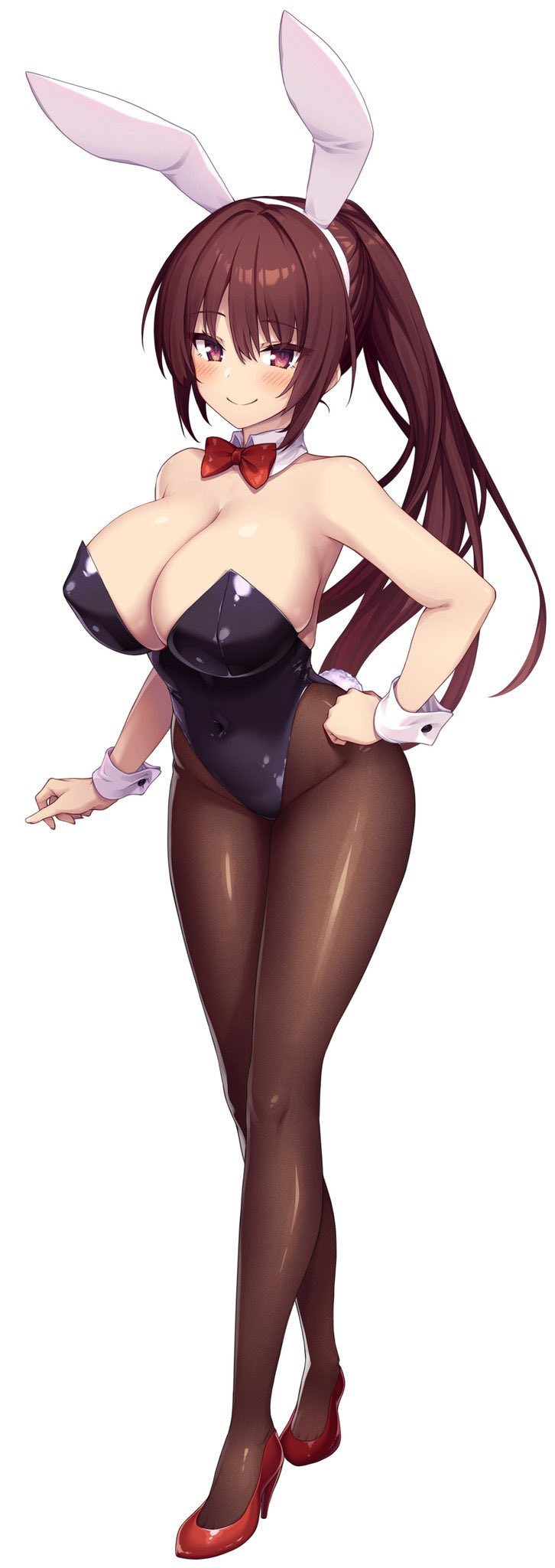 shinki itten, original, artist request, commentary request, highres, second-party source, 1girl, animal ear hairband, animal ears, bare shoulders, black leotard, bow, bowtie, breasts, brown hair, brown pantyhose, cleavage, covered navel, detached sleeves, fake animal ears, full body, hairband, hand on own hip, high heels, highleg, highleg leotard, large breasts, leotard, light blush, long hair, looking at viewer, pantyhose, pink eyes, playboy bunny, ponytail, rabbit ear hairband, rabbit ears, red bow, red bowtie, red shoes, shoes, simple background, smile, solo, strapless, strapless leotard, tachi-e, white background, white hairband, white wrist cuffs, wrist cuffs