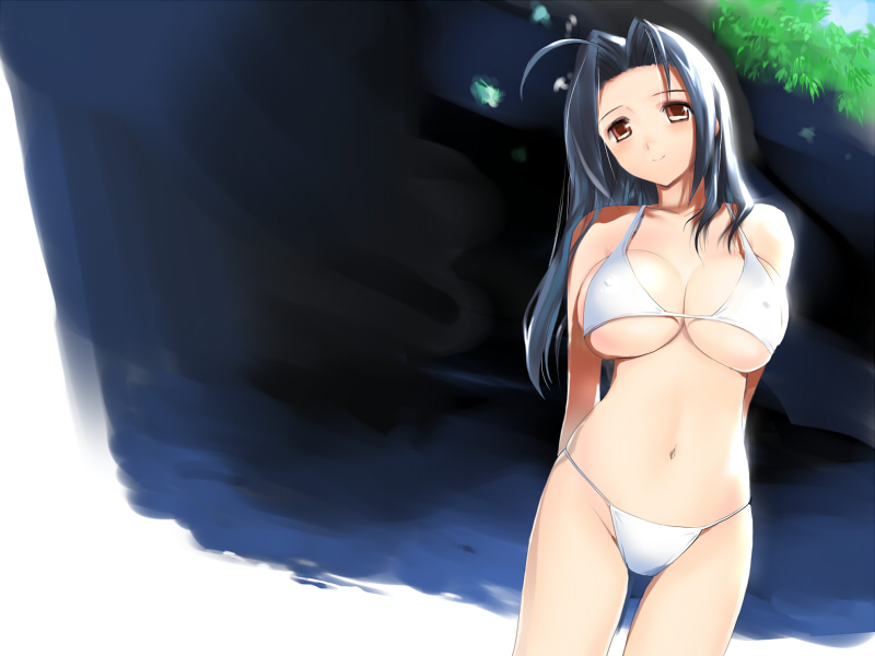hima, miura azusa, idolmaster, idolmaster (classic), idolmaster 1, 00s, 1girl, ahoge, arms behind back, bikini, blue hair, blush, breasts, covered erect nipples, female focus, large breasts, long hair, navel, outdoors, red eyes, smile, solo, standing, swimsuit, underboob, white bikini