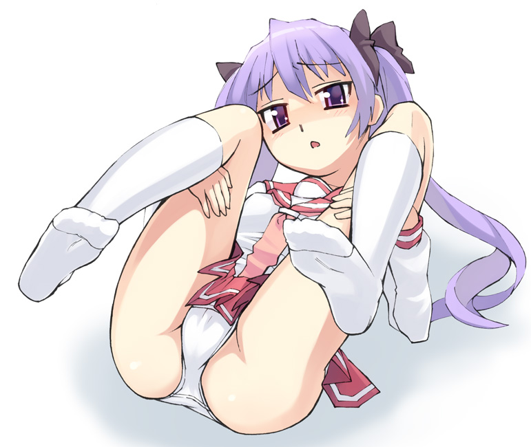 oryo (oryo04), hiiragi kagami, lucky star, 00s, 1girl, feet, female focus, kneehighs, legs up, lying, on back, open mouth, panties, pantyshot, purple eyes, purple hair, school uniform, serafuku, skirt, socks, solo, thighs, twintails, underwear, upskirt
