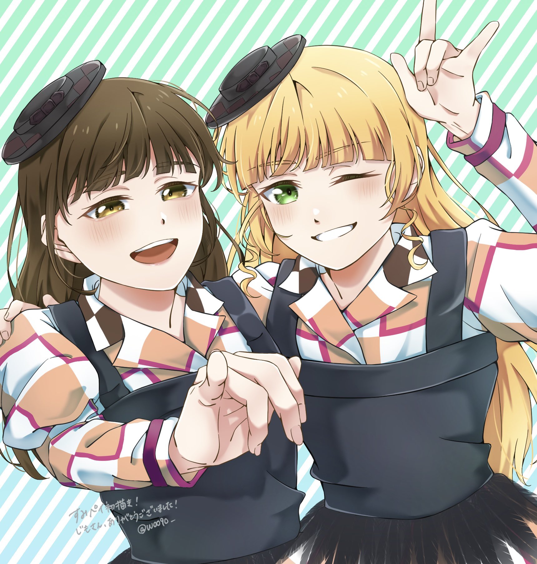 wotaku jinsei enjoy ikioi, heanna sumire, payton naomi, love live!, love live! superstar!!, real life, commentary request, highres, translation request, 2girls, arm up, black feathers, black hat, blonde hair, blunt bangs, brown hair, checkered clothes, diagonal-striped background, feathers, fingernails, green eyes, hand on another's shoulder, hat, let's be one (love live!), long hair, long sleeves, multiple girls, one eye closed, open mouth, pinky out, smile, striped background, teeth, twitter username, upper body, upper teeth only, voice actor, voice actor connection